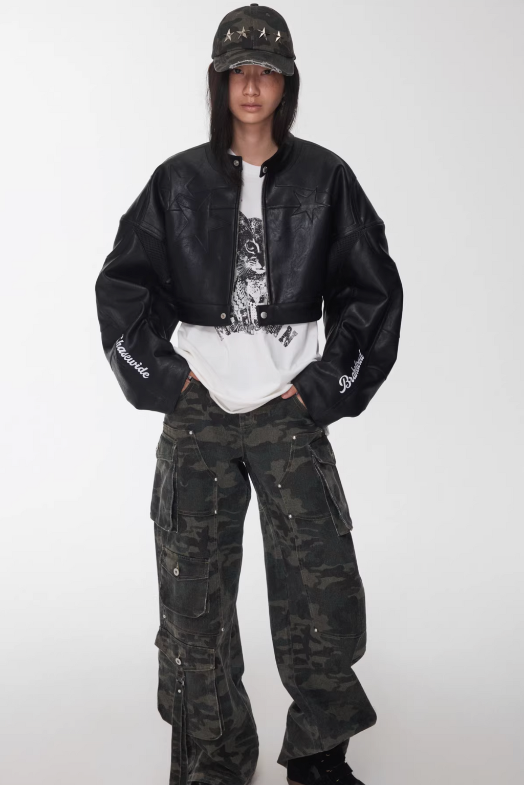 IN STOCK ♱ LETTER PRINT STRUCTURED CROPPED MOTO JACKET ♱