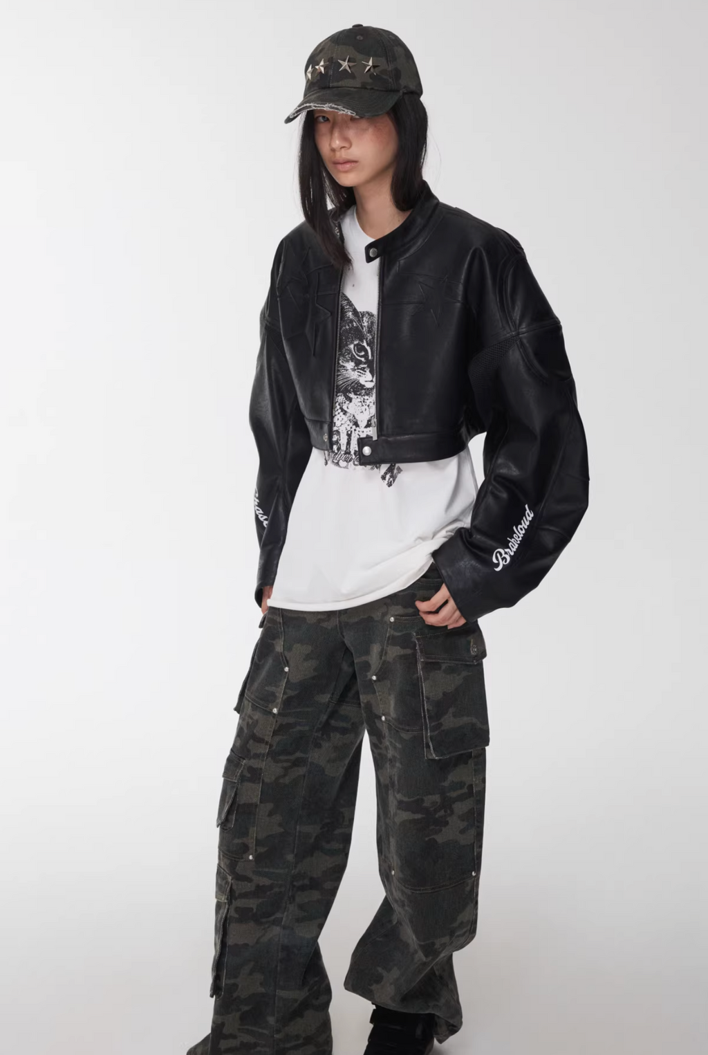 IN STOCK ♱ LETTER PRINT STRUCTURED CROPPED MOTO JACKET ♱