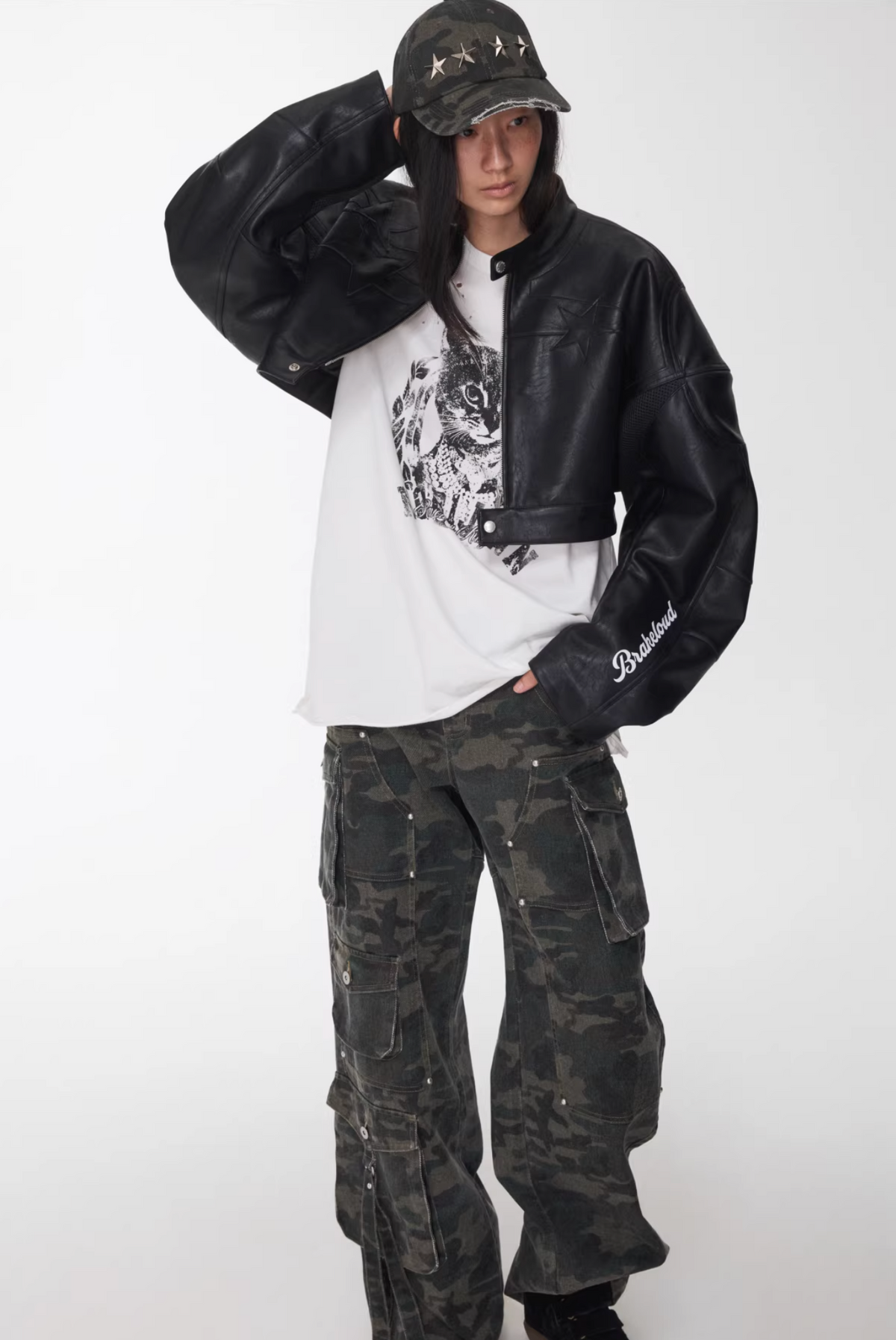 IN STOCK ♱ LETTER PRINT STRUCTURED CROPPED MOTO JACKET ♱