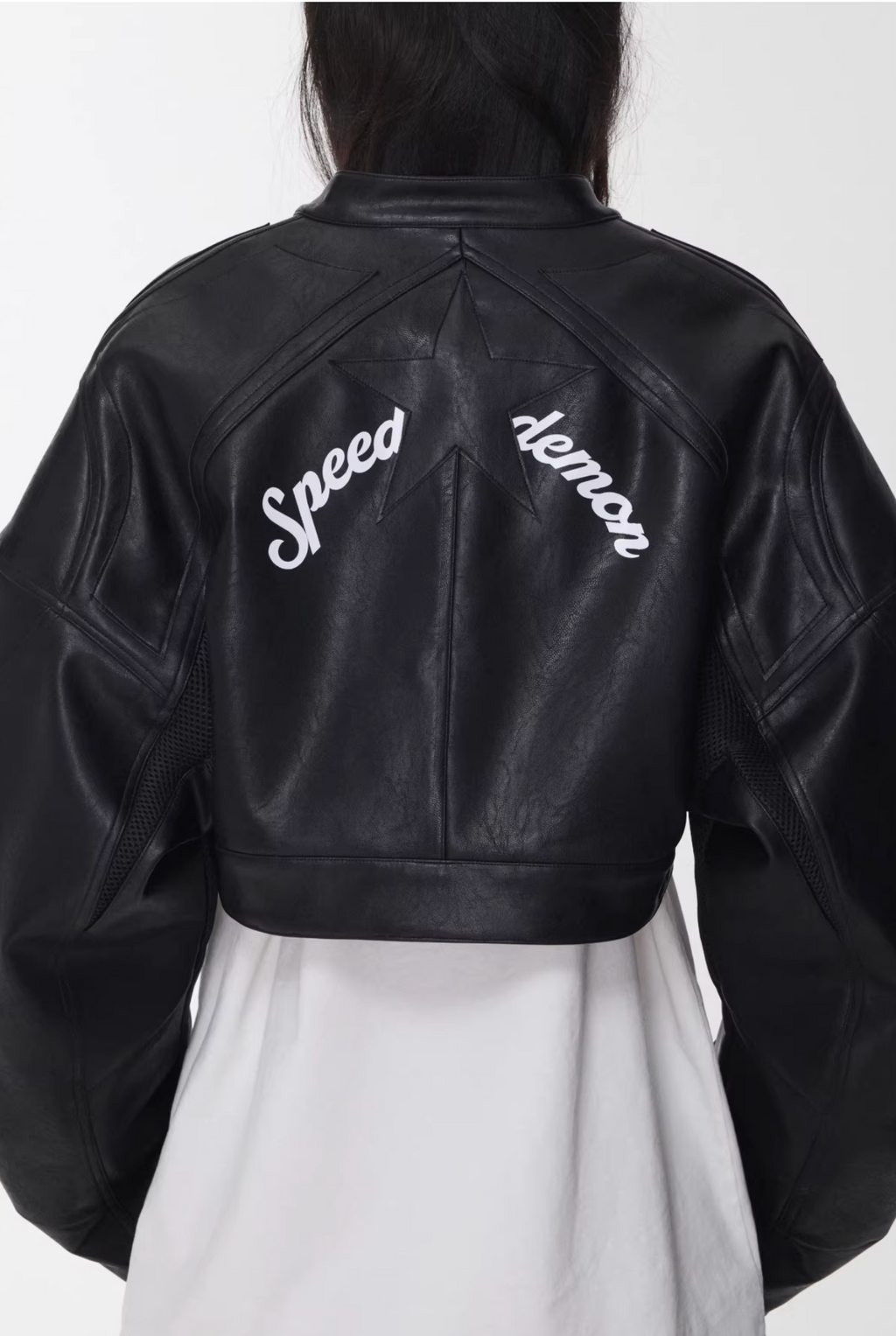 IN STOCK ♱ LETTER PRINT STRUCTURED CROPPED MOTO JACKET ♱