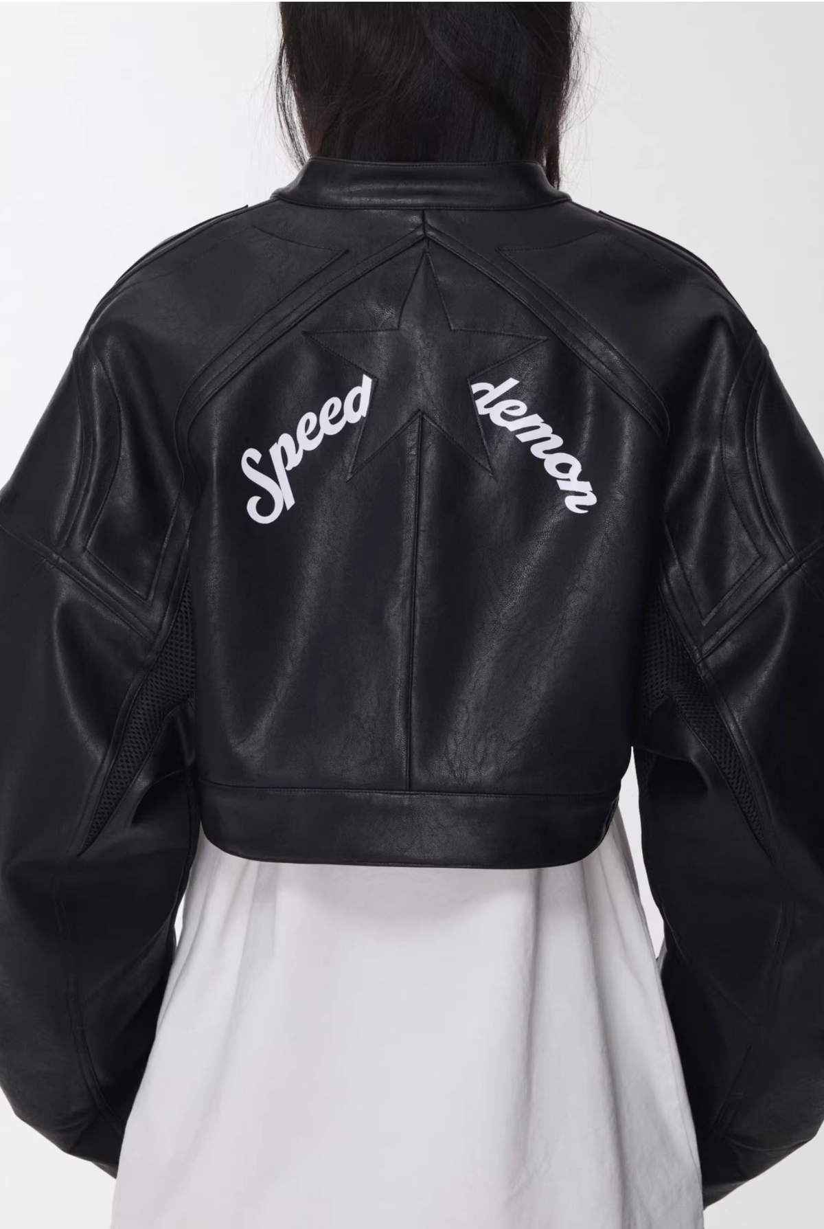 IN STOCK ♱ LETTER PRINT STRUCTURED CROPPED MOTO JACKET ♱