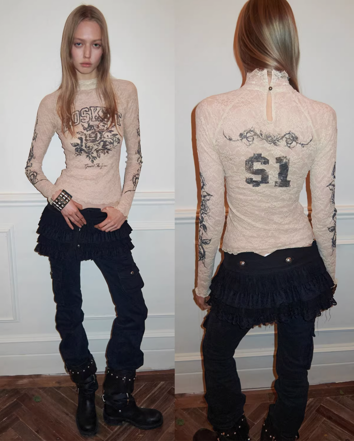 VINTAGE ROSEI LACE PRINT SHEER TOP