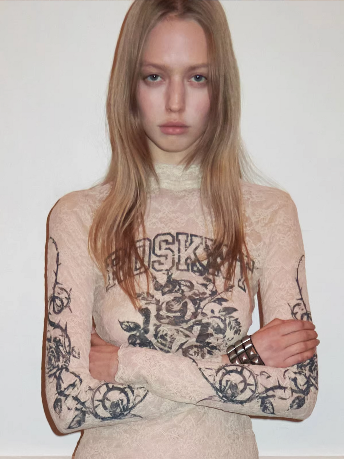 VINTAGE ROSEI LACE PRINT SHEER TOP