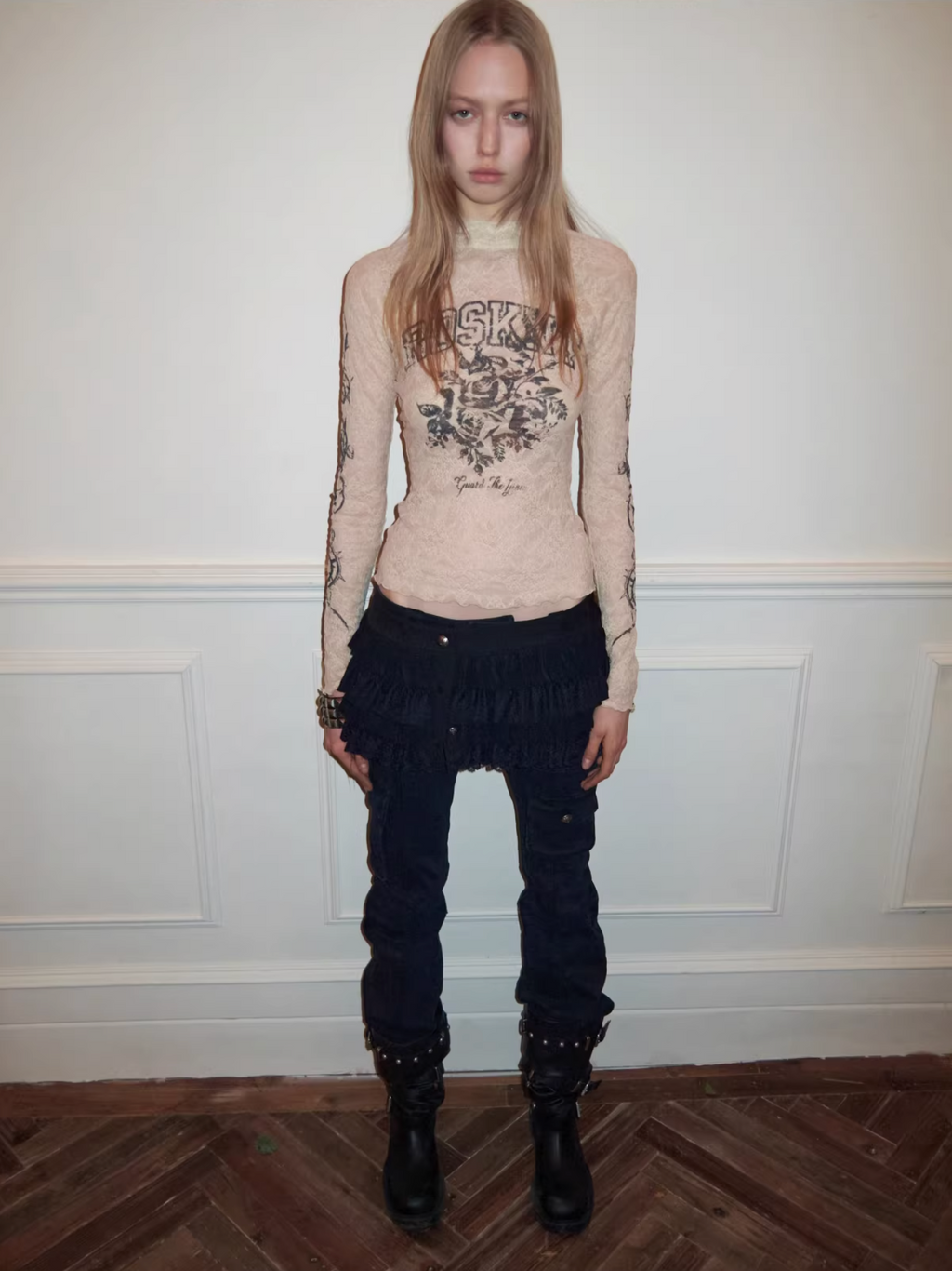 VINTAGE ROSEI LACE PRINT SHEER TOP