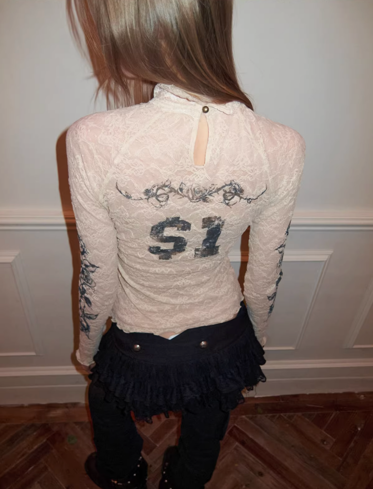 VINTAGE ROSEI LACE PRINT SHEER TOP
