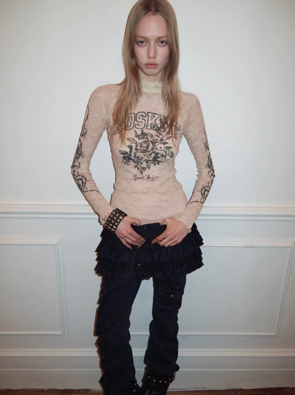 VINTAGE ROSEI LACE PRINT SHEER TOP