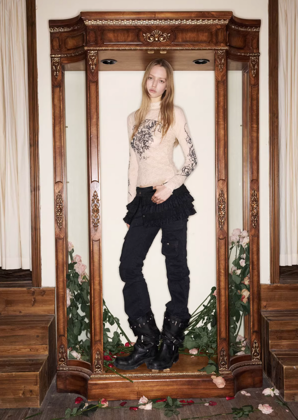 VINTAGE ROSEI LACE PRINT SHEER TOP