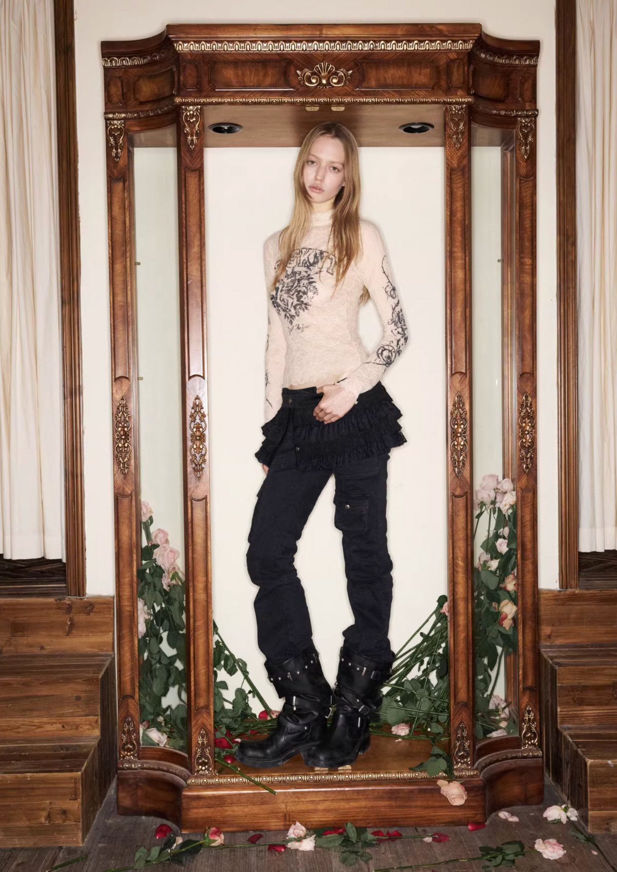 VINTAGE ROSEI LACE PRINT SHEER TOP