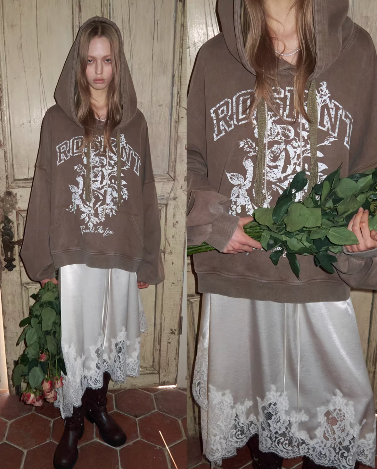ROSKNT PRINT SLOUCHY WASHED HOODIE – 3colors