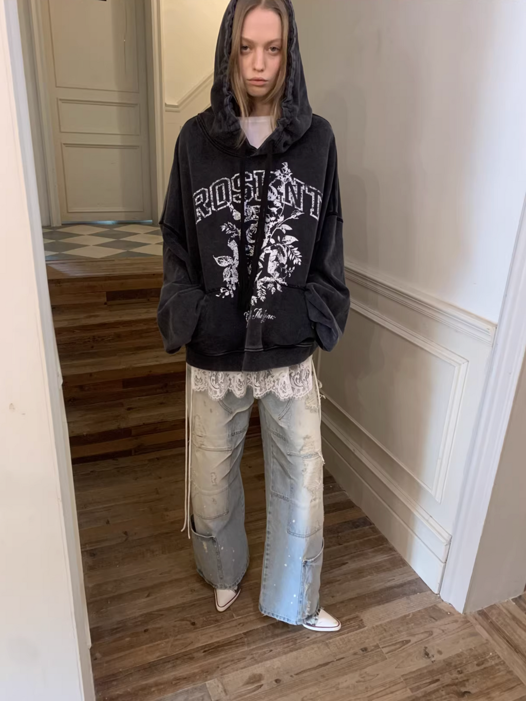 ROSKNT PRINT SLOUCHY WASHED HOODIE – 3colors