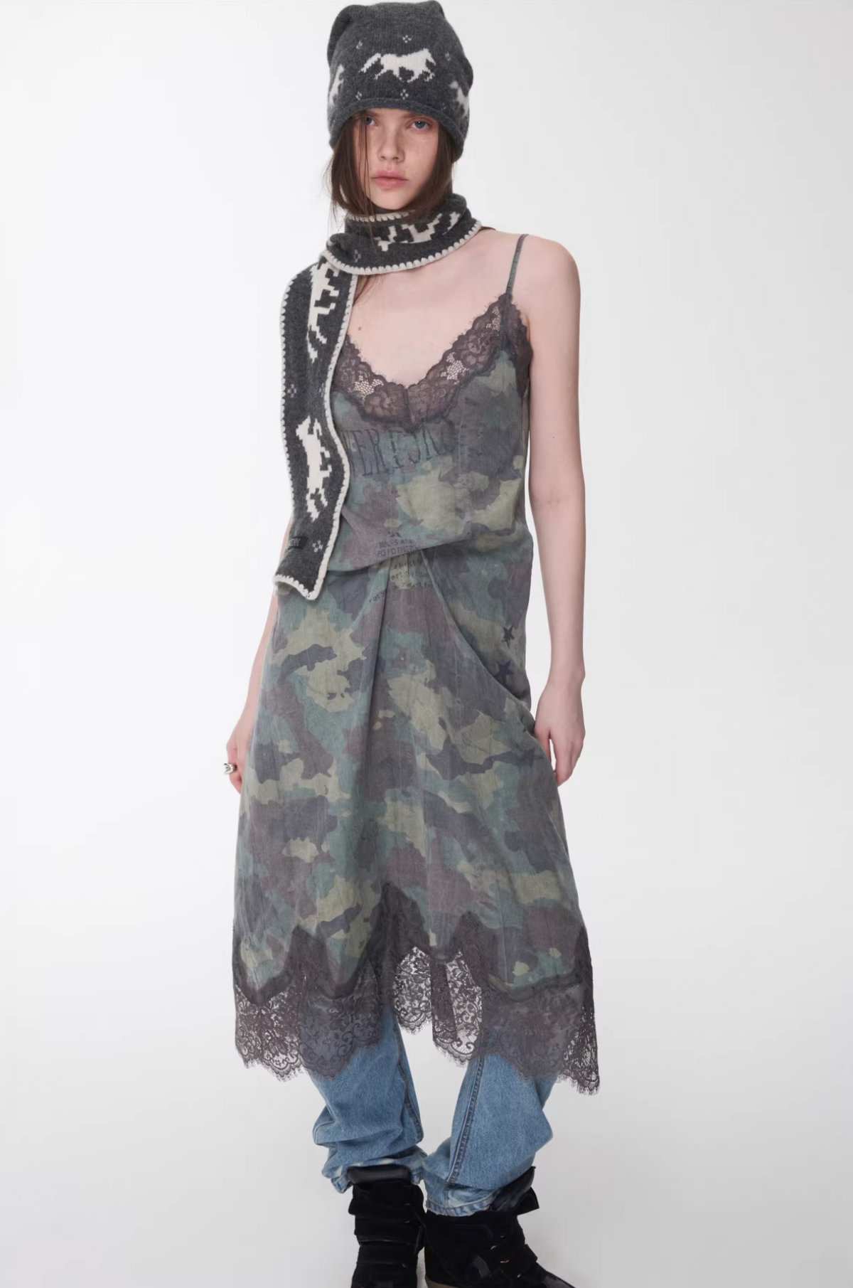 LACE TRIM CAMO SLIP DRESS – 2colors