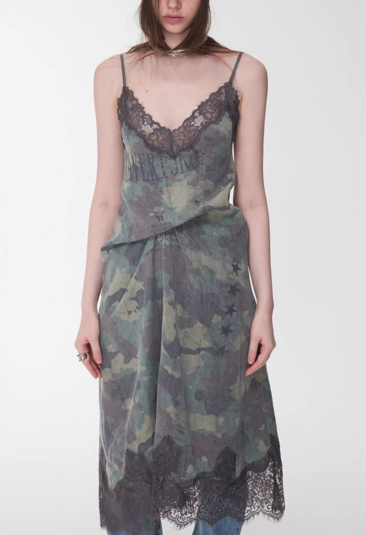 LACE TRIM CAMO SLIP DRESS – 2colors