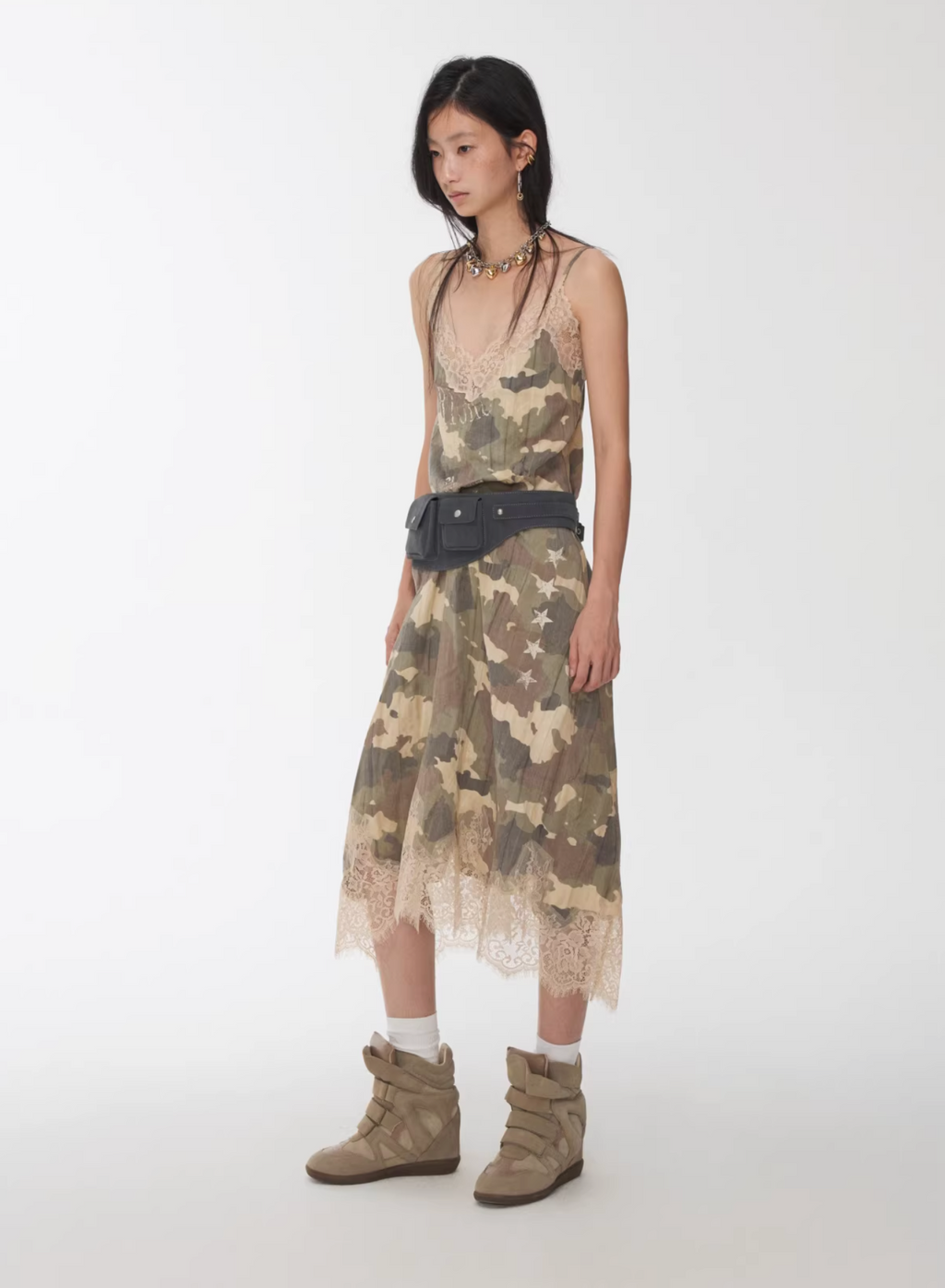 LACE TRIM CAMO SLIP DRESS – 2colors