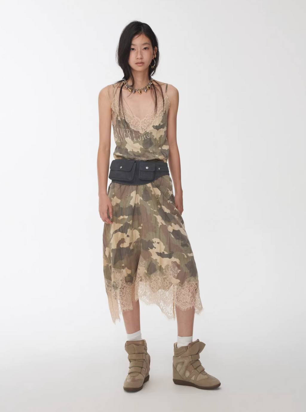 LACE TRIM CAMO SLIP DRESS – 2colors