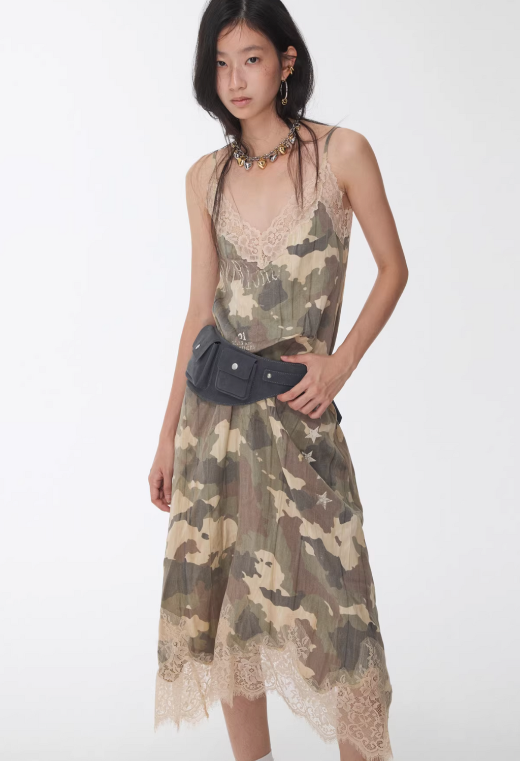 LACE TRIM CAMO SLIP DRESS – 2colors