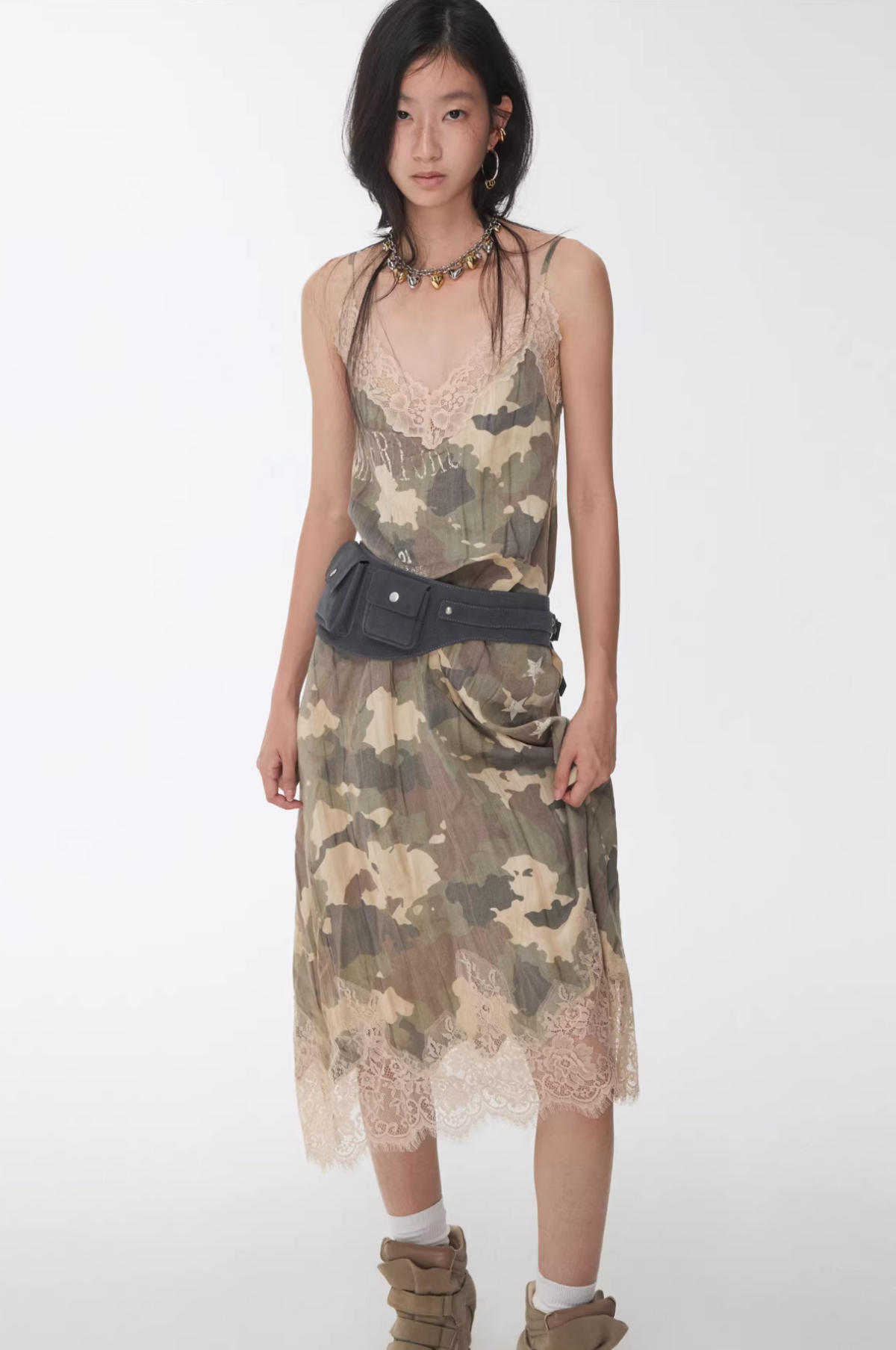 LACE TRIM CAMO SLIP DRESS – 2colors