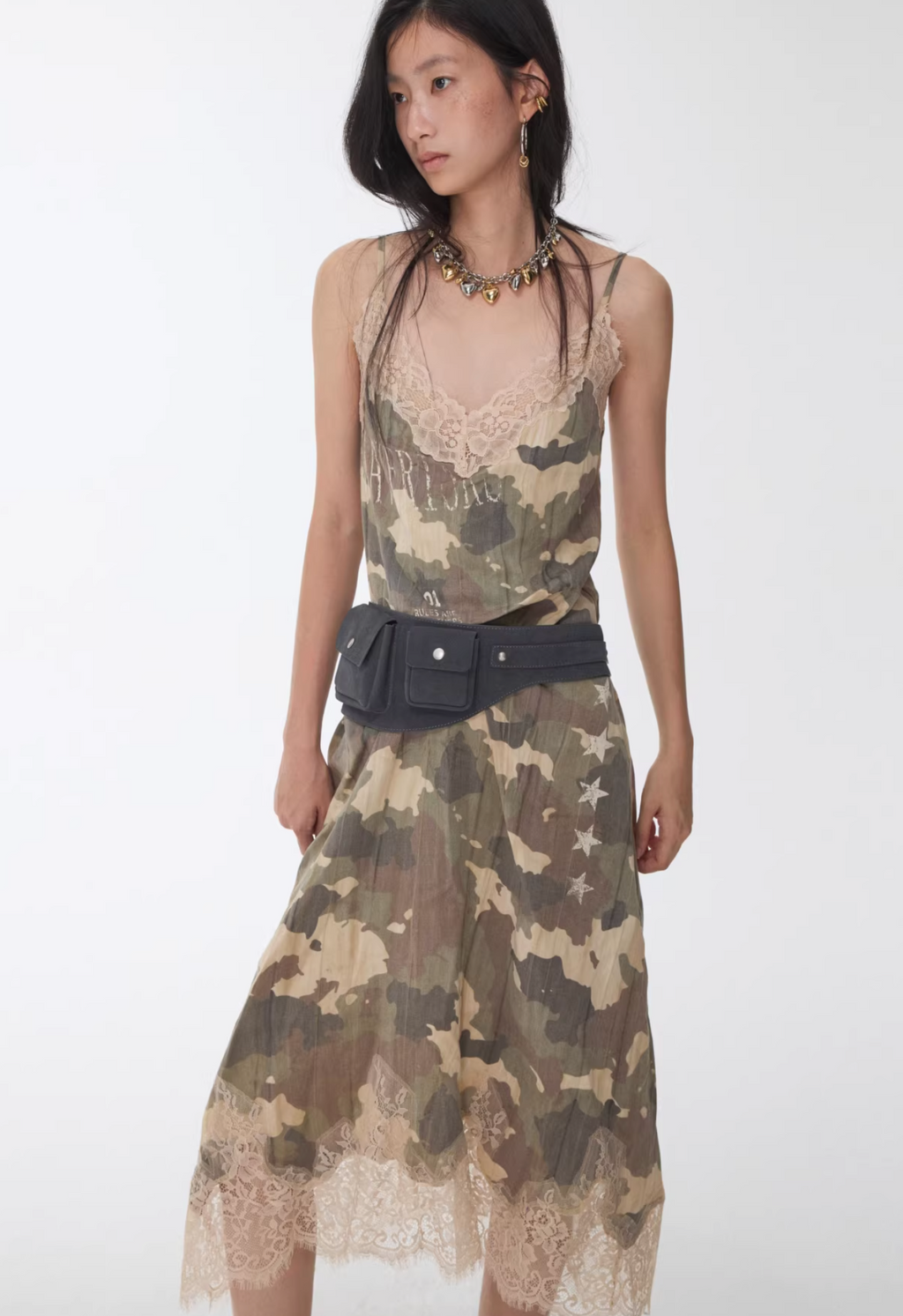 LACE TRIM CAMO SLIP DRESS – 2colors