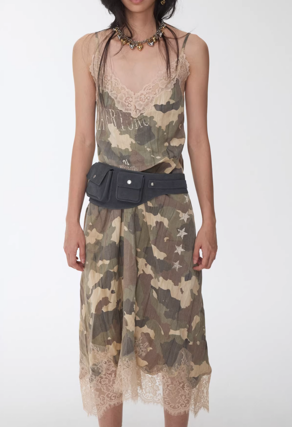 LACE TRIM CAMO SLIP DRESS – 2colors