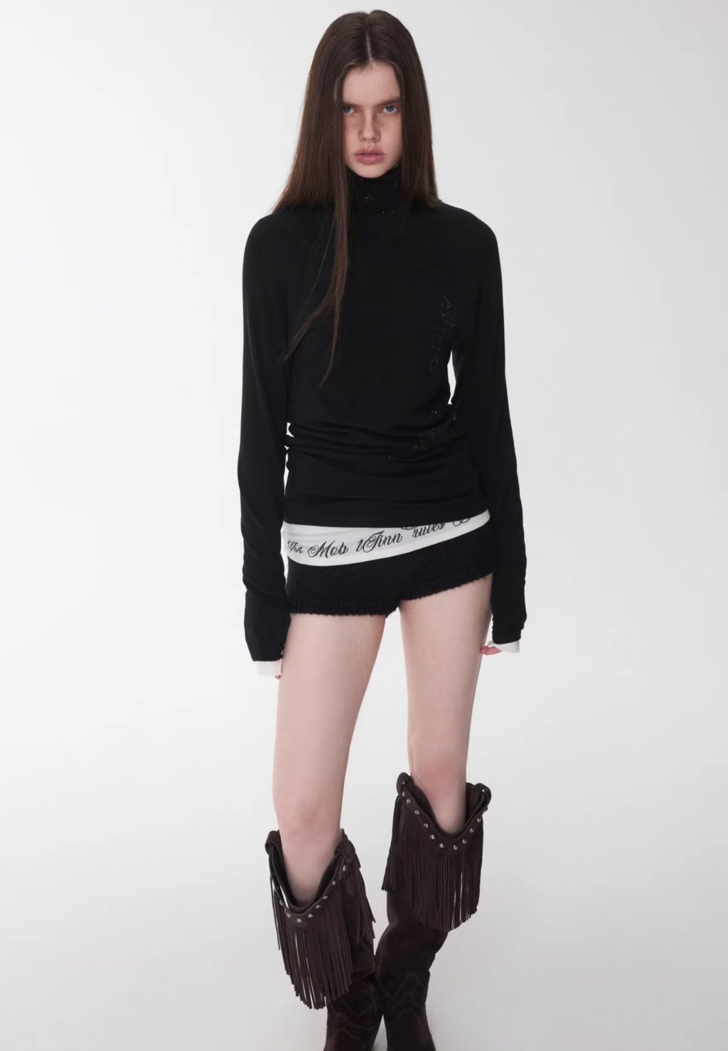 CRYSTAL LETTERING HIGH-NECK TOP – 4colors