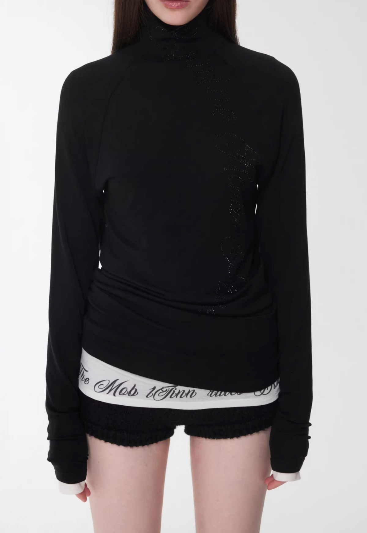 CRYSTAL LETTERING HIGH-NECK TOP – 4colors