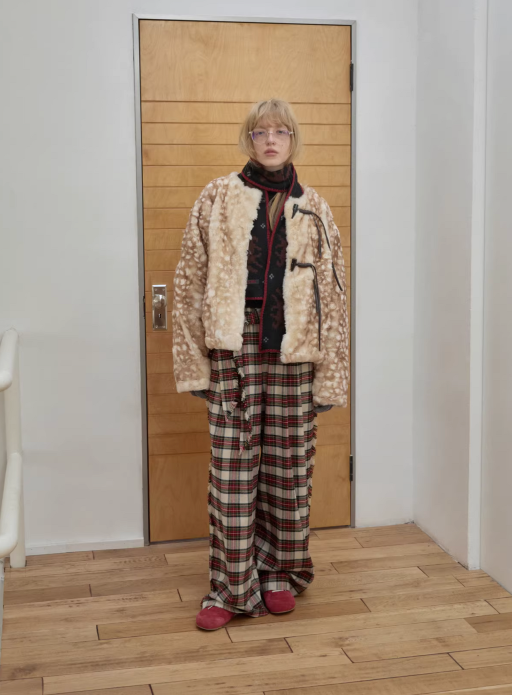VINTAGE RED PLAID WIDE-LEG PANTS