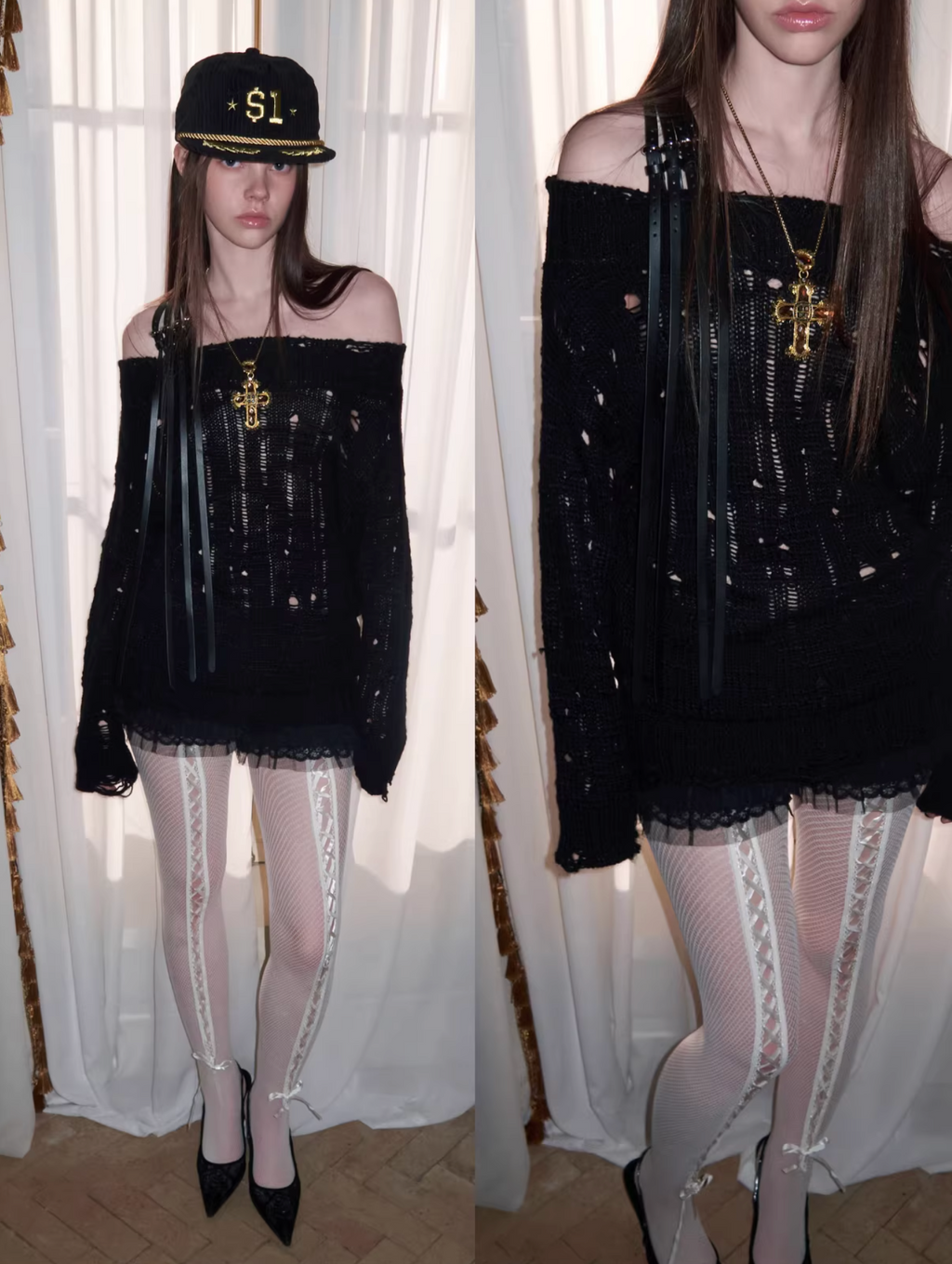DISTRESSED KNIT STRAP SWEATER