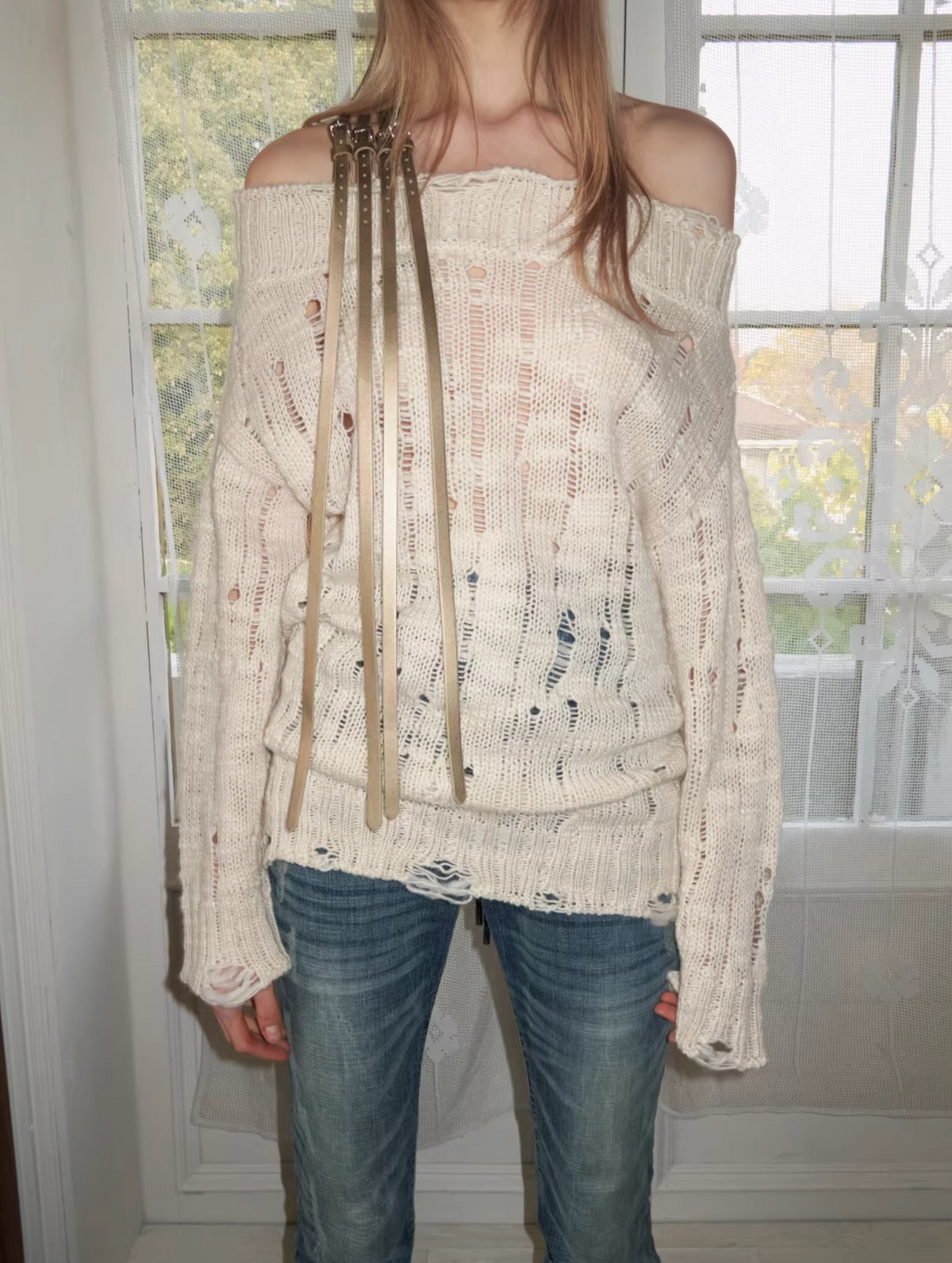 DISTRESSED KNIT STRAP SWEATER