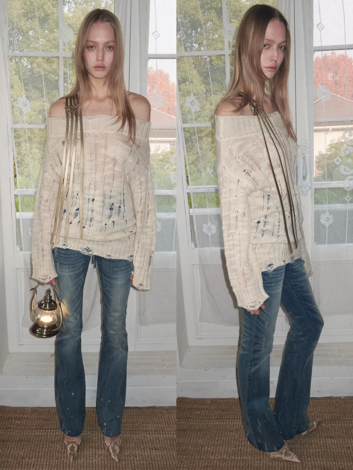 DISTRESSED KNIT STRAP SWEATER