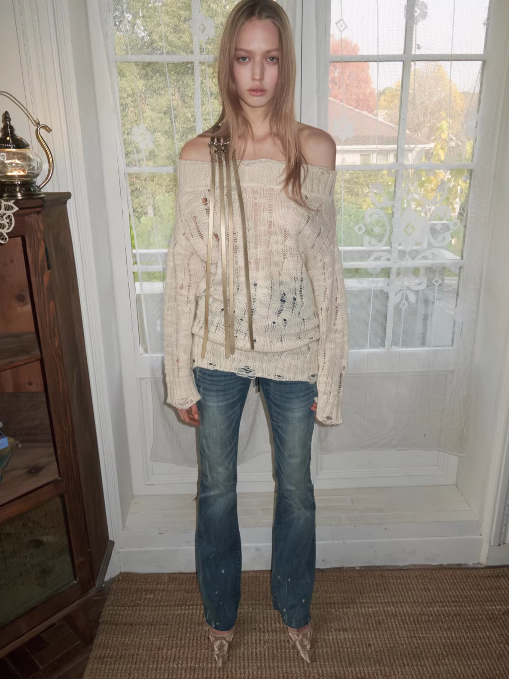 DISTRESSED KNIT STRAP SWEATER