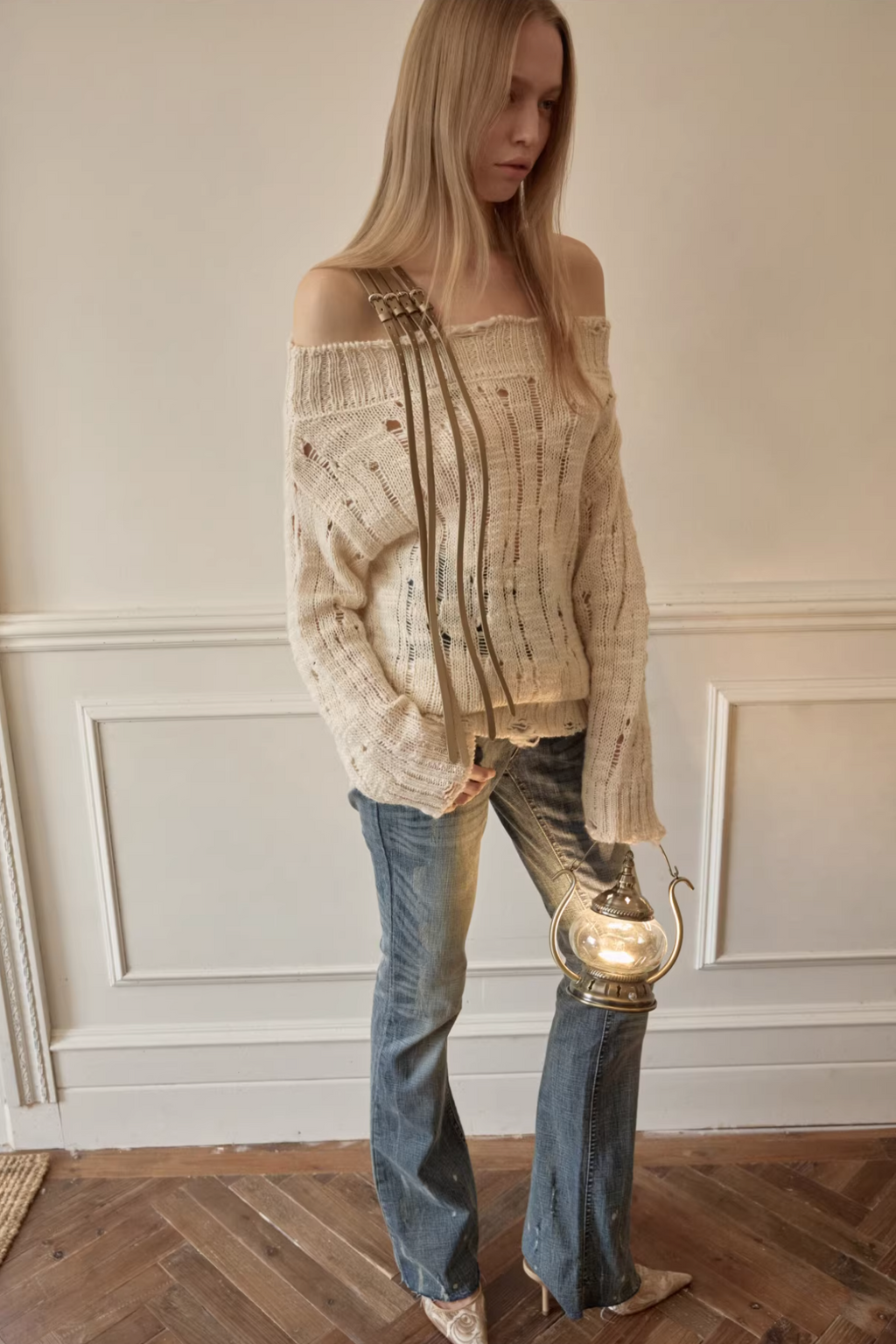 DISTRESSED KNIT STRAP SWEATER