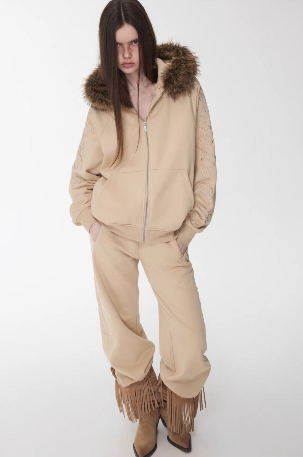 JELENE HOODIE FUR SWEATSHIRT & SWEATPANTS – 2colors (detachable hood)