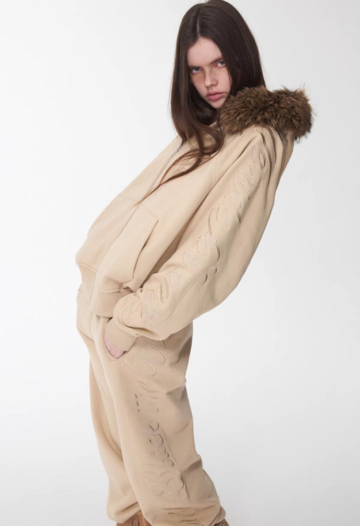 JELENE HOODIE FUR SWEATSHIRT & SWEATPANTS – 2colors (detachable hood)
