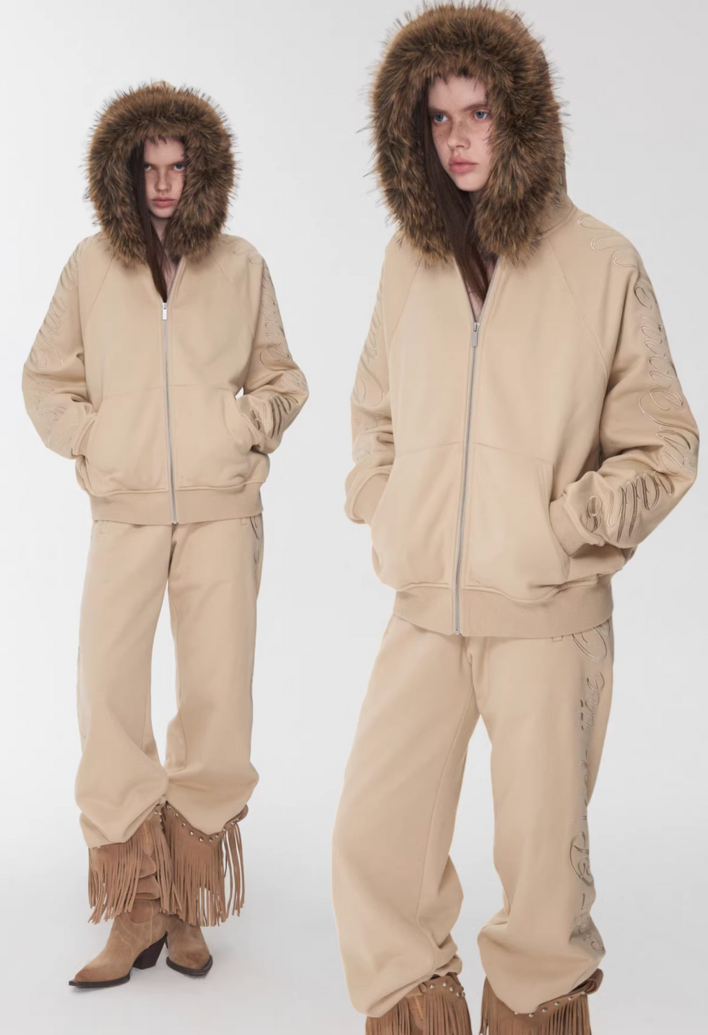 JELENE HOODIE FUR SWEATSHIRT & SWEATPANTS – 2colors (detachable hood)