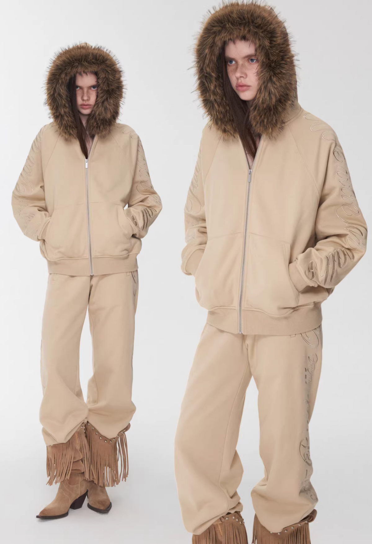 JELENE HOODIE FUR SWEATSHIRT & SWEATPANTS – 2colors (detachable hood)