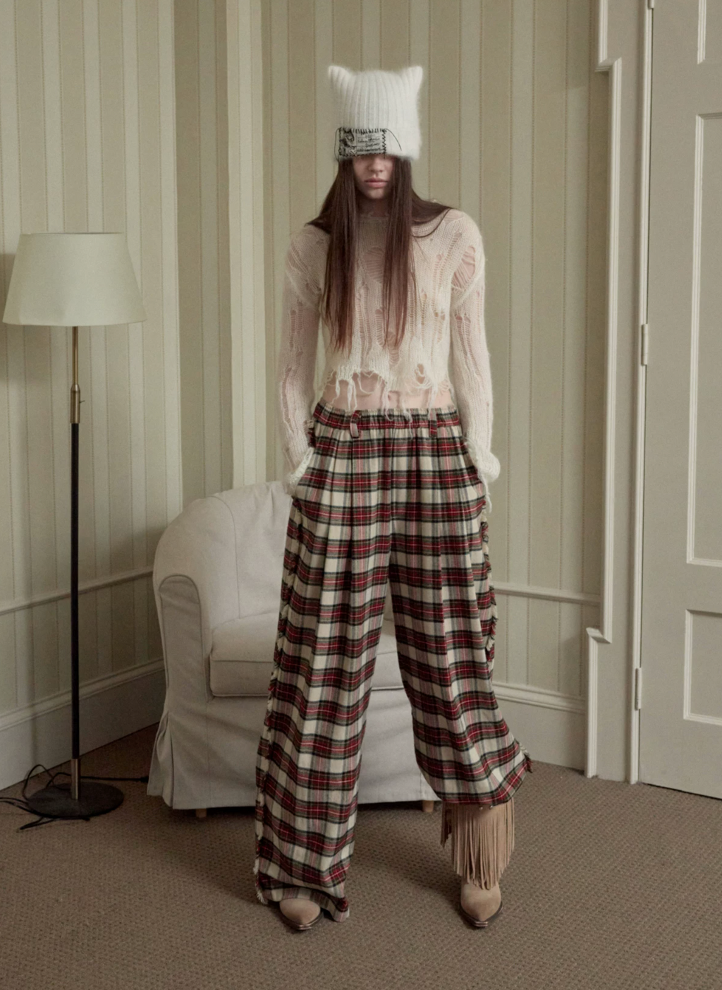 VINTAGE RED PLAID WIDE-LEG PANTS
