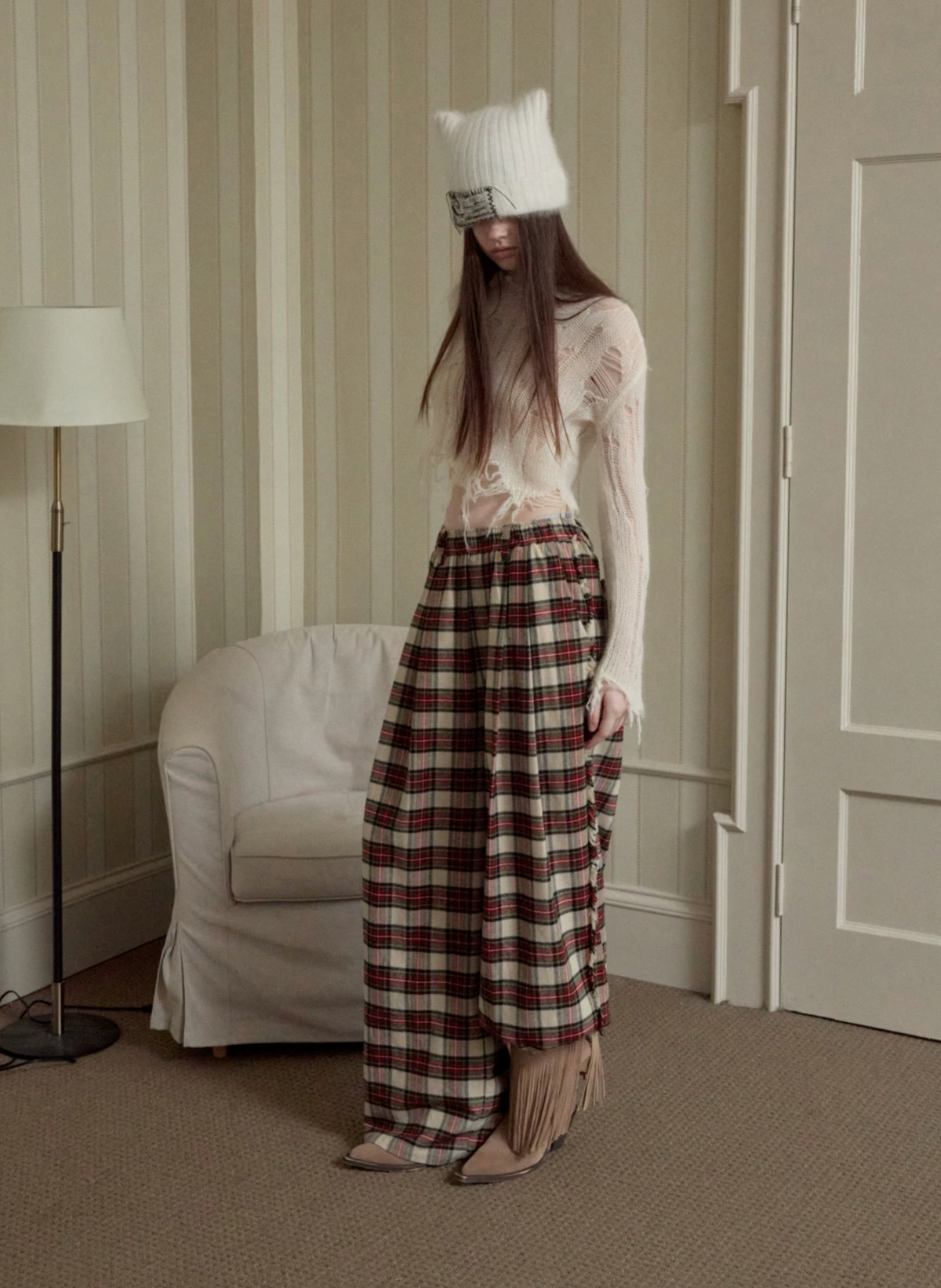 VINTAGE RED PLAID WIDE-LEG PANTS