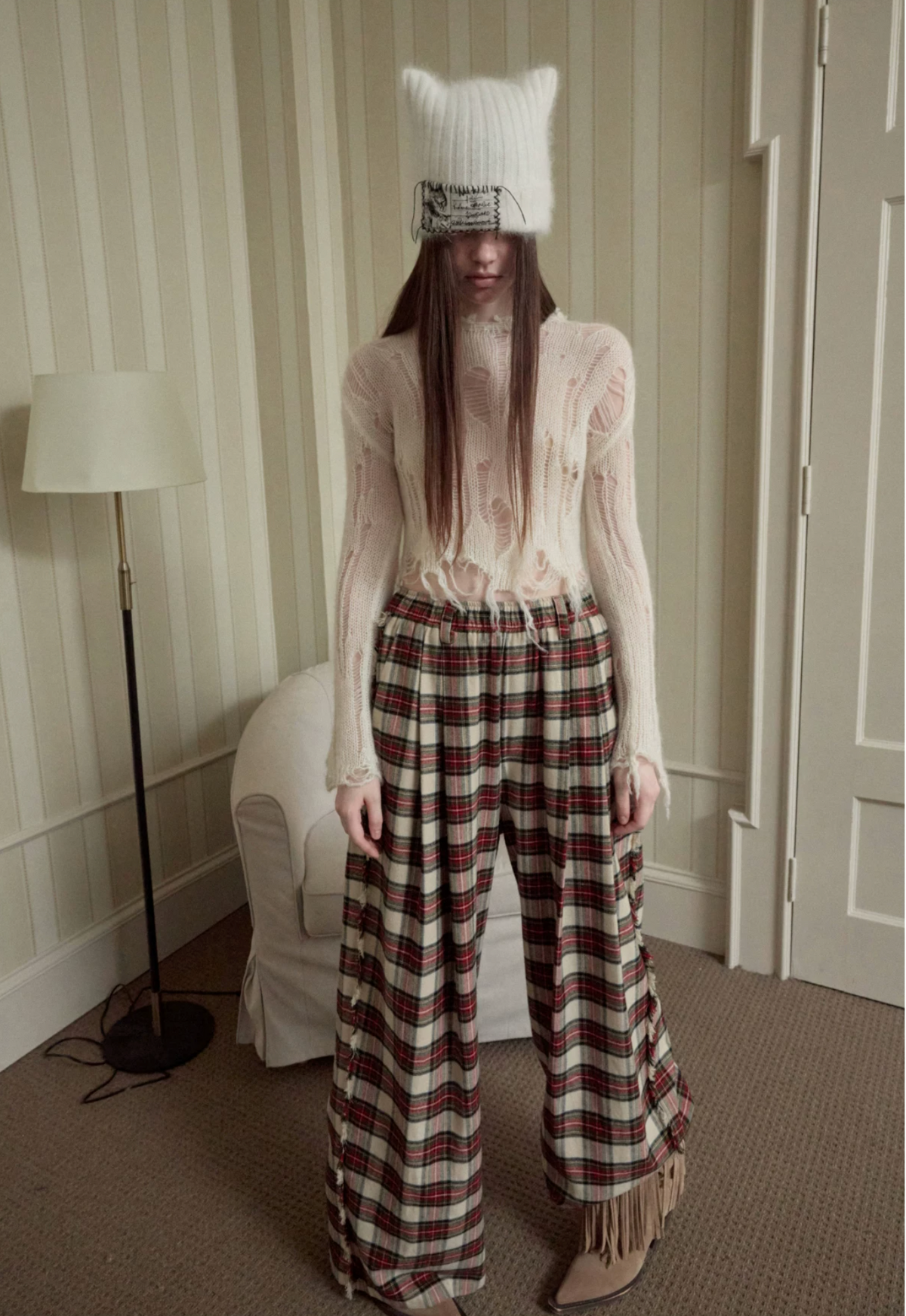 VINTAGE RED PLAID WIDE-LEG PANTS