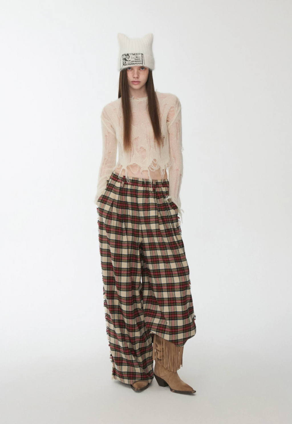VINTAGE RED PLAID WIDE-LEG PANTS