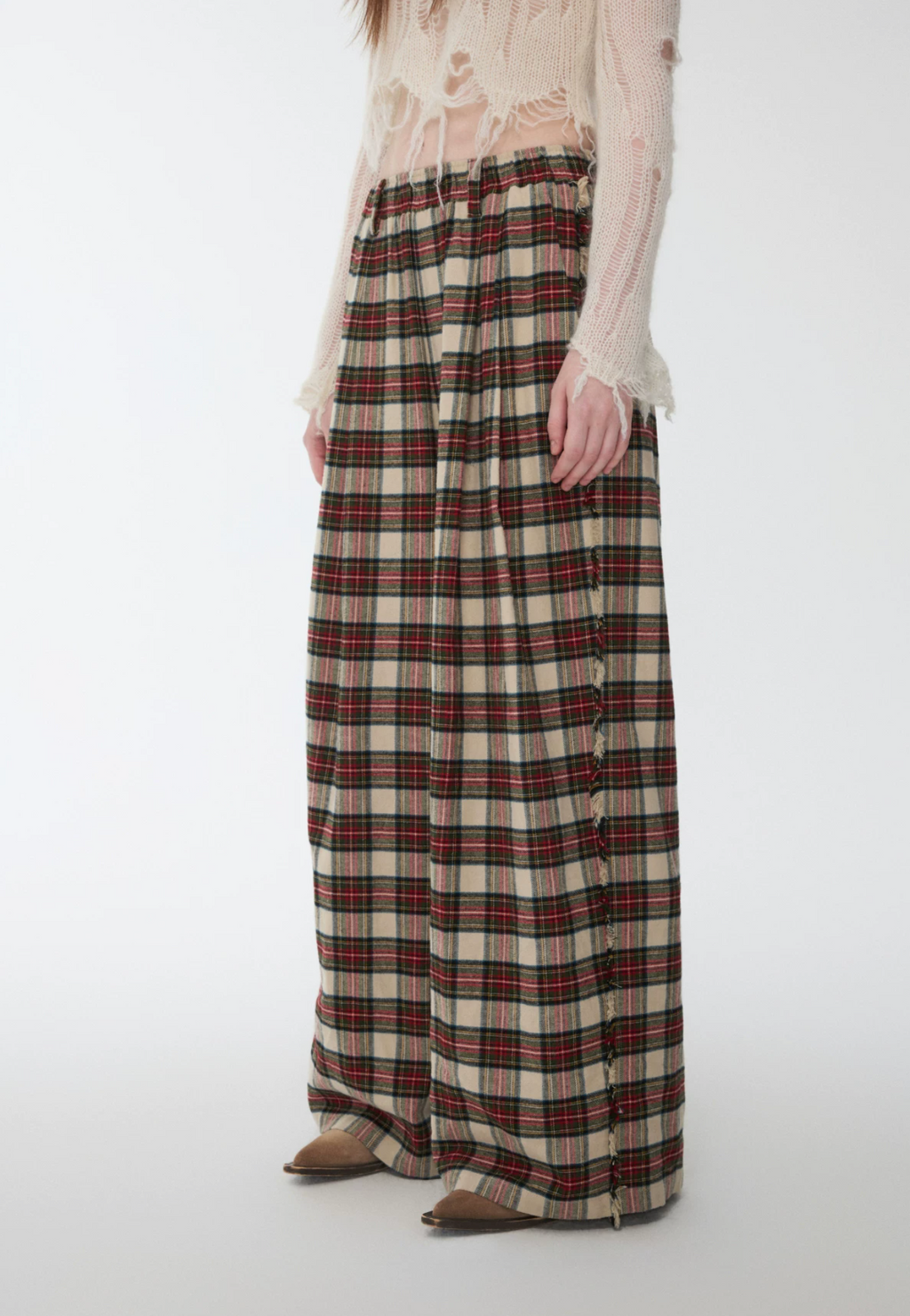 VINTAGE RED PLAID WIDE-LEG PANTS