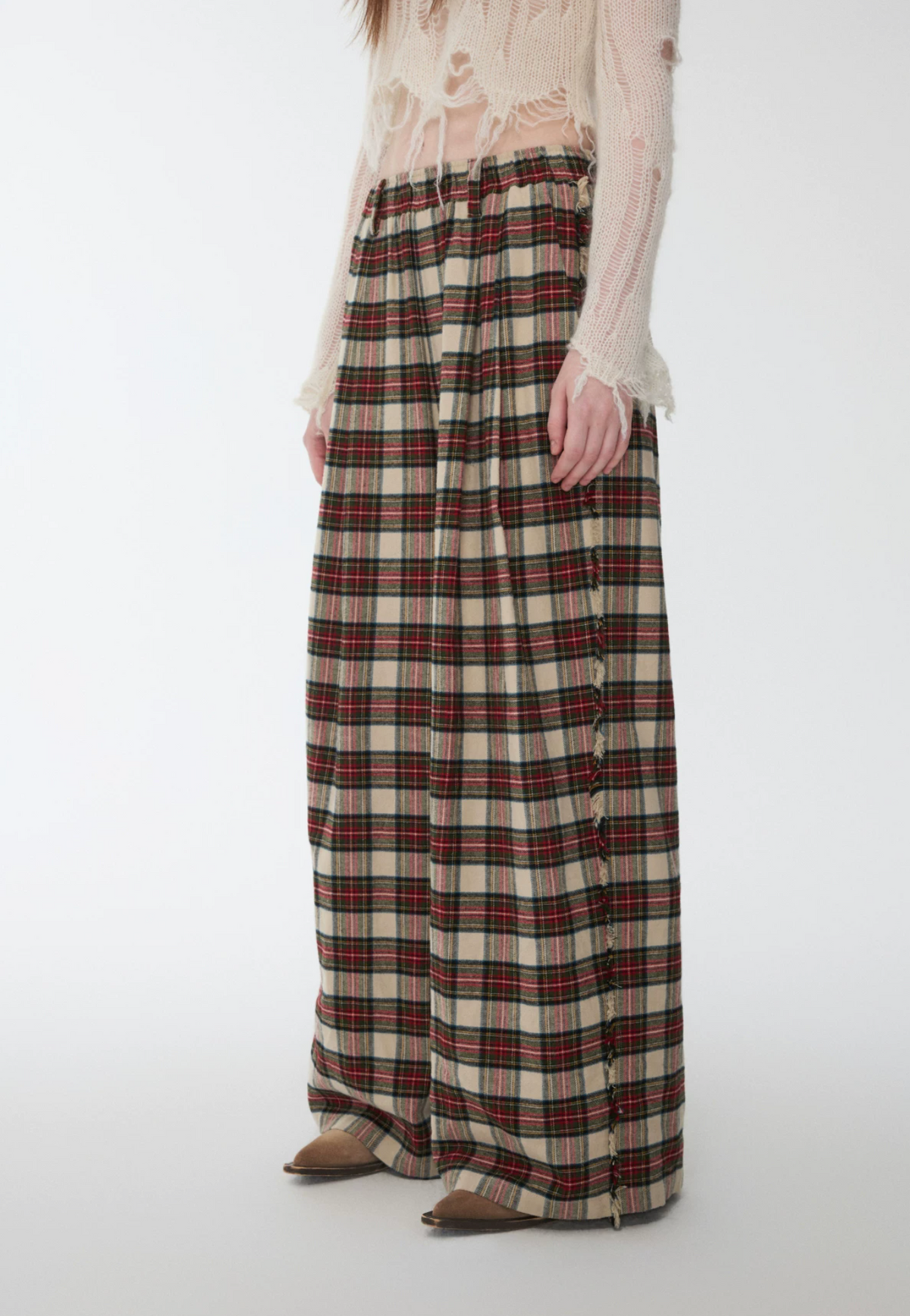 VINTAGE RED PLAID WIDE-LEG PANTS