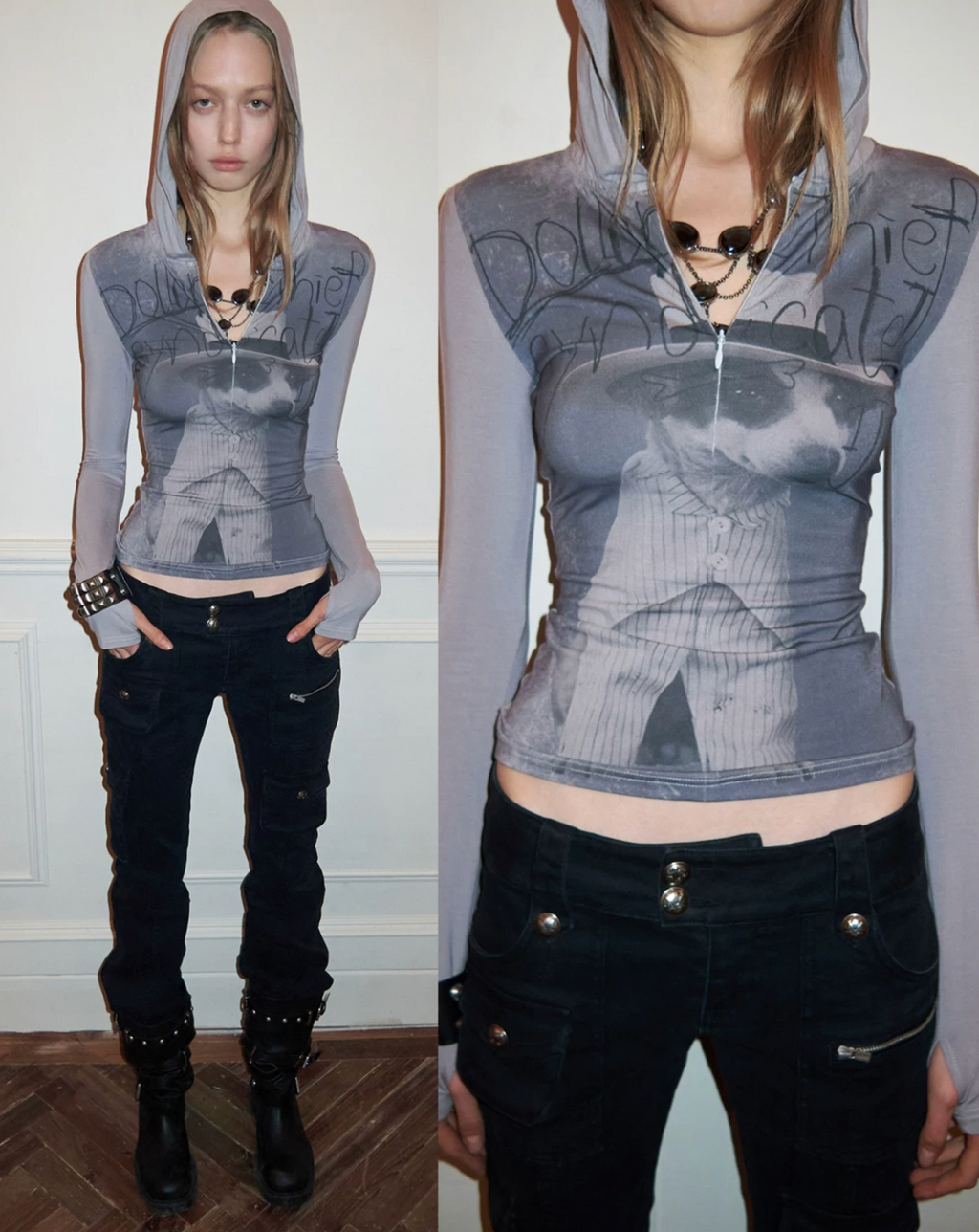 SNAP ZIP-UP HOODED FITTED T-SHIRT - 2colors