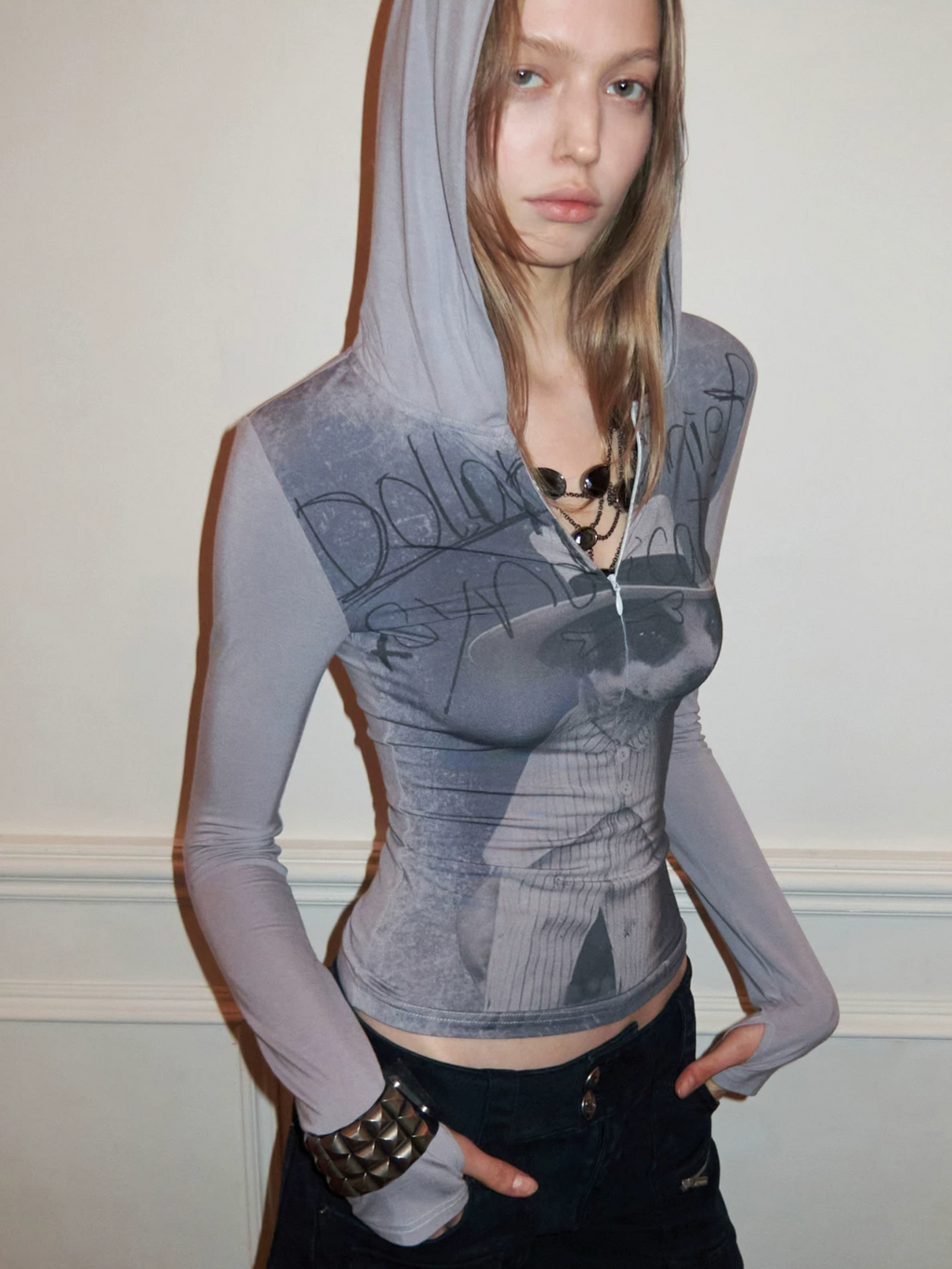 SNAP ZIP-UP HOODED FITTED T-SHIRT - 2colors