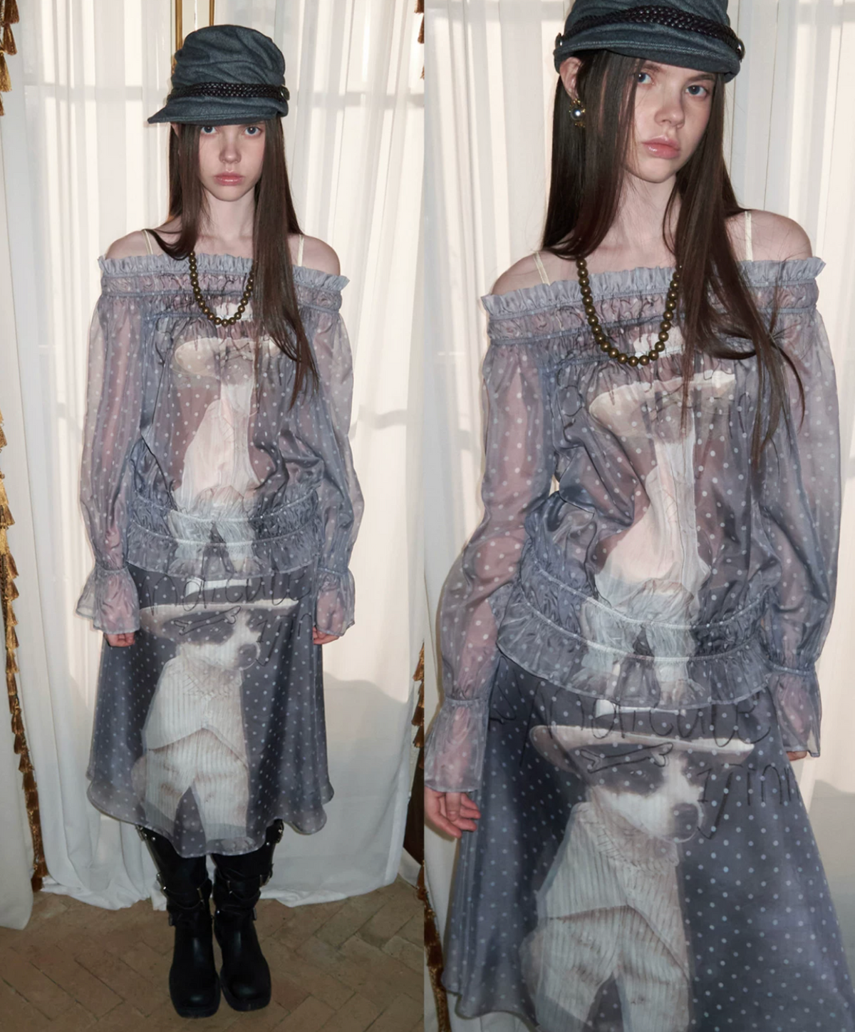 SIN SHEER CHIFFON GRAPHIC LONG-SLEEVE TOP - 2colors