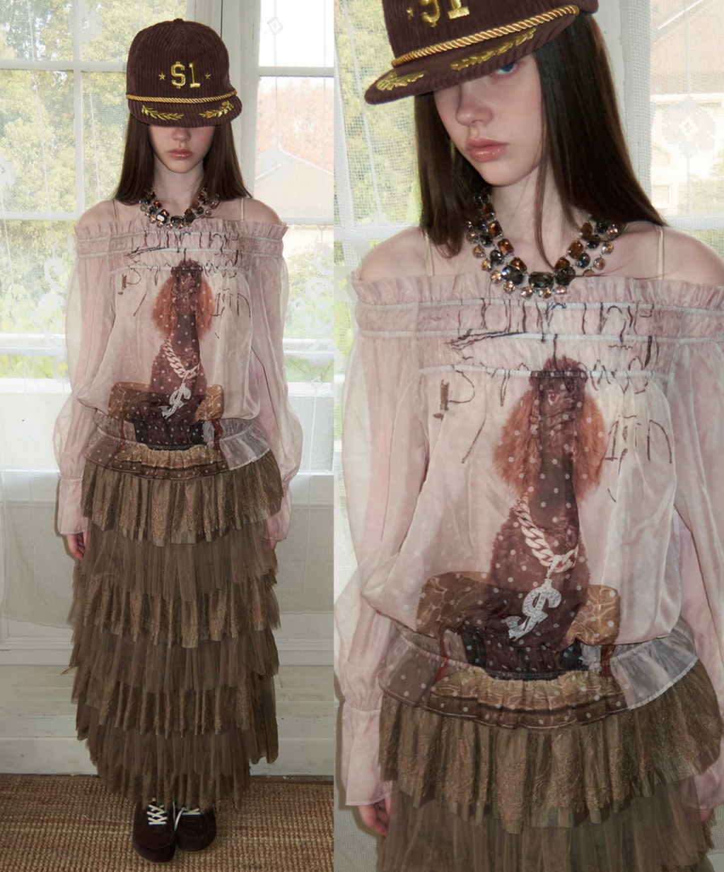 SIN SHEER CHIFFON GRAPHIC LONG-SLEEVE TOP - 2colors