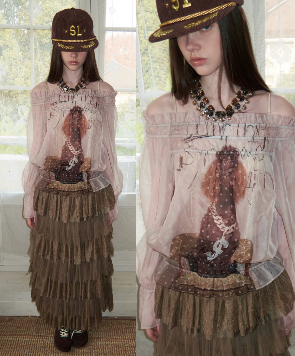 SIN SHEER CHIFFON GRAPHIC LONG-SLEEVE TOP - 2colors