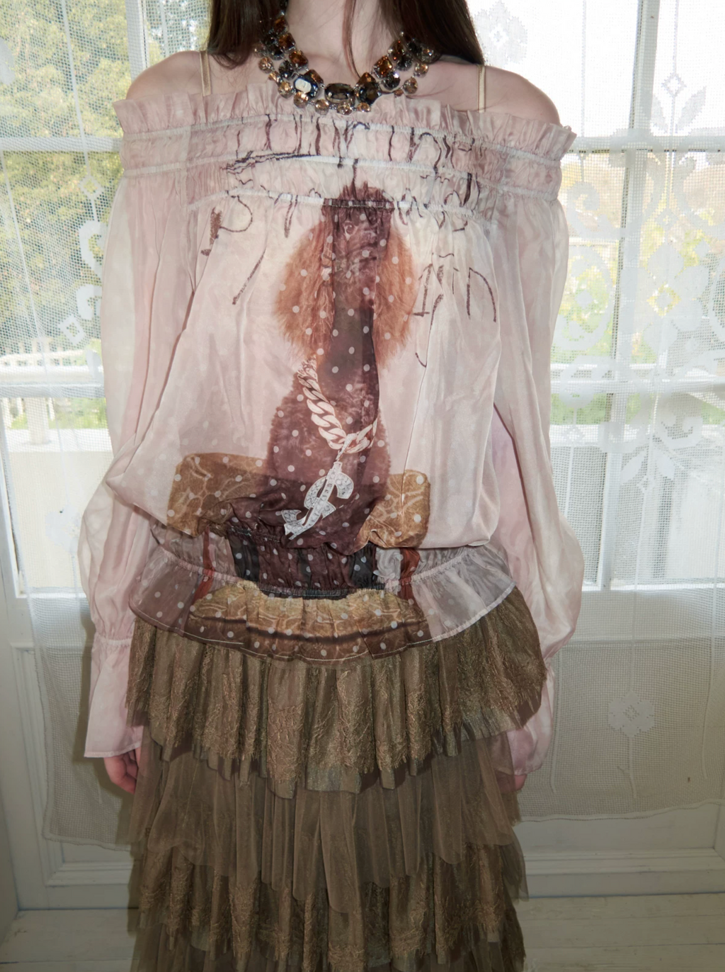 SIN SHEER CHIFFON GRAPHIC LONG-SLEEVE TOP - 2colors