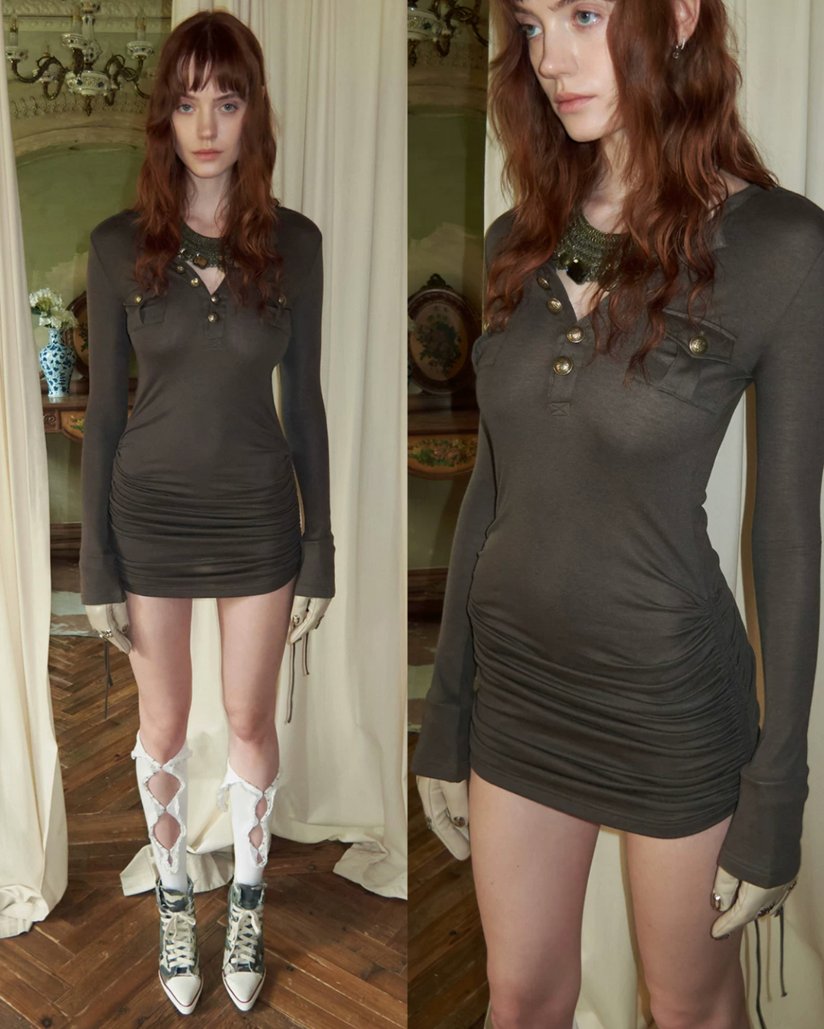GUN DRAWSTRING BODYCON MIDI DRESS – 3colors