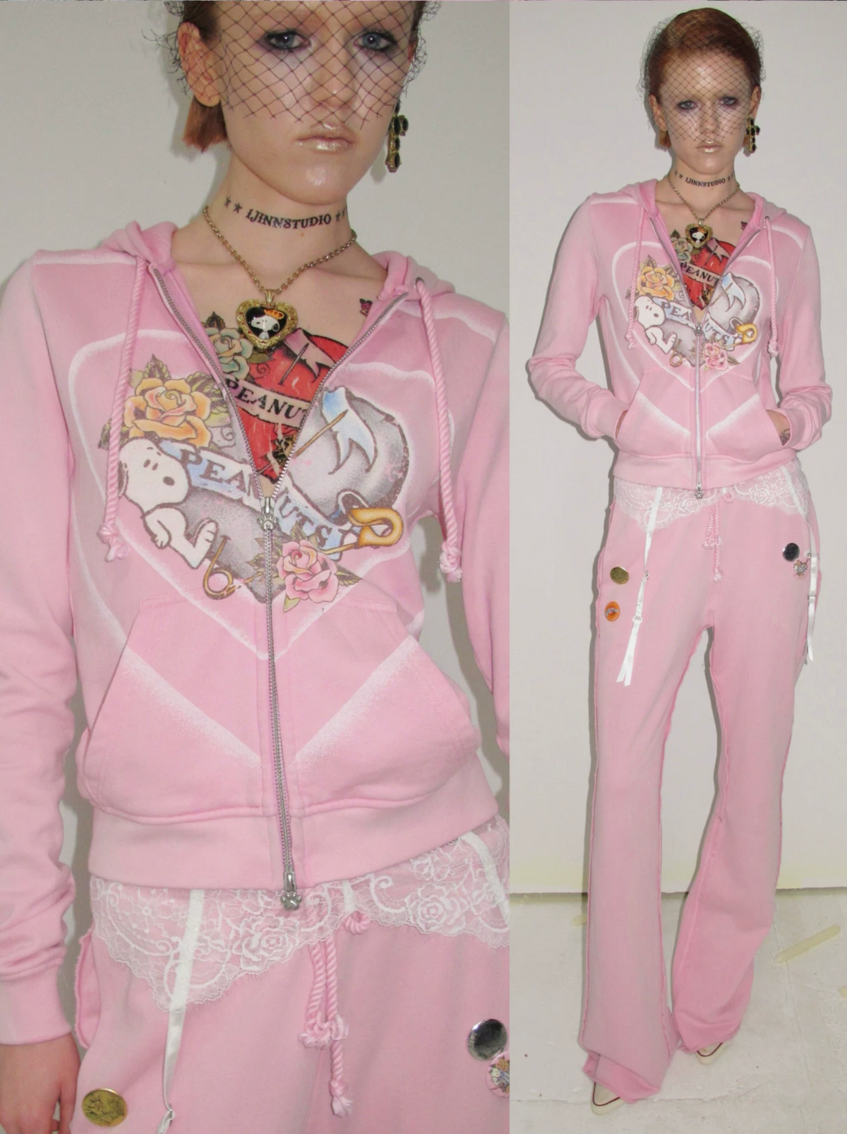 PEANUTS VINTAGE HEART GRAPHIC ZIP HOODIE & LOUNGE PANTS – PINK