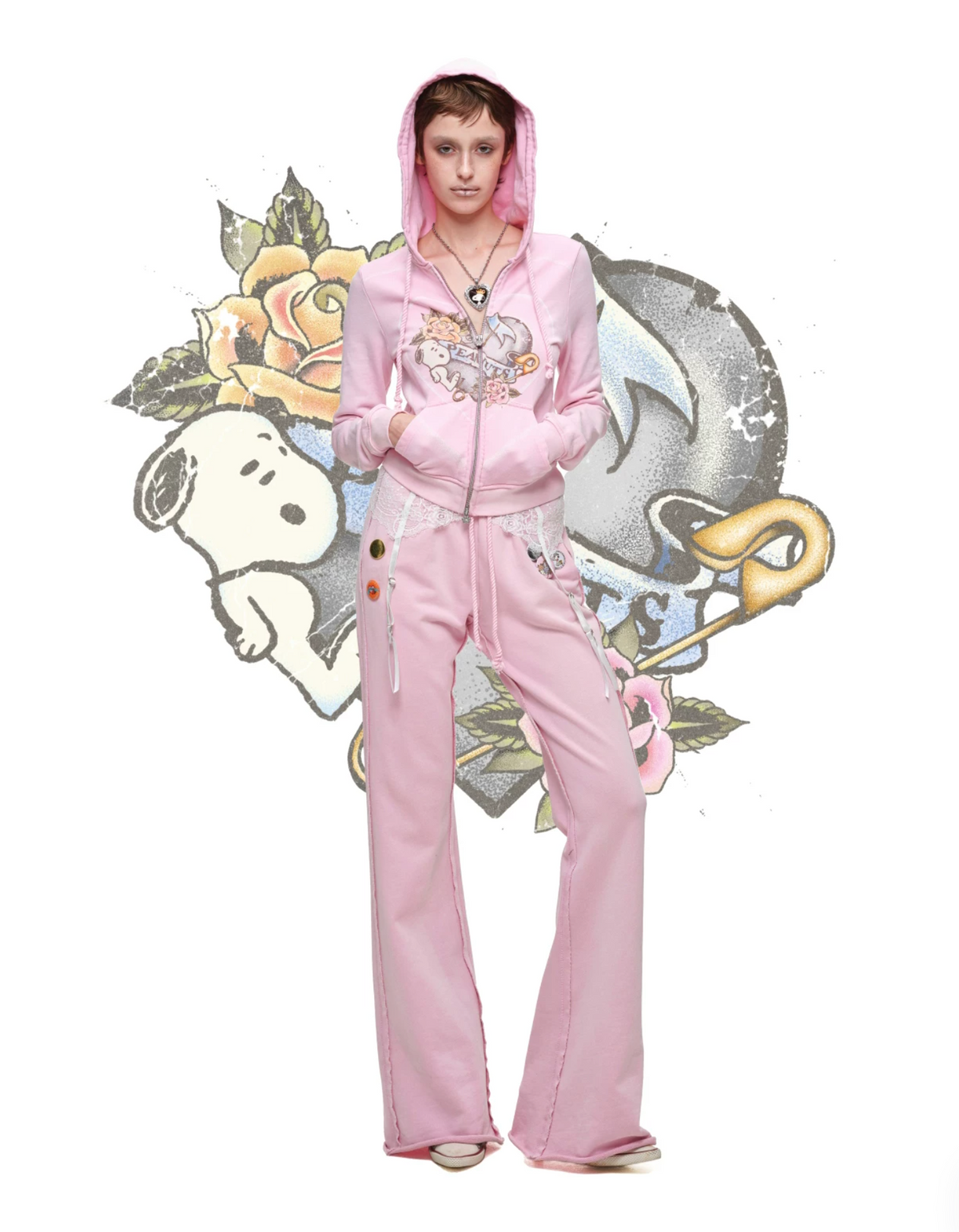 PEANUTS VINTAGE HEART GRAPHIC ZIP HOODIE & LOUNGE PANTS – WASHED BLACK