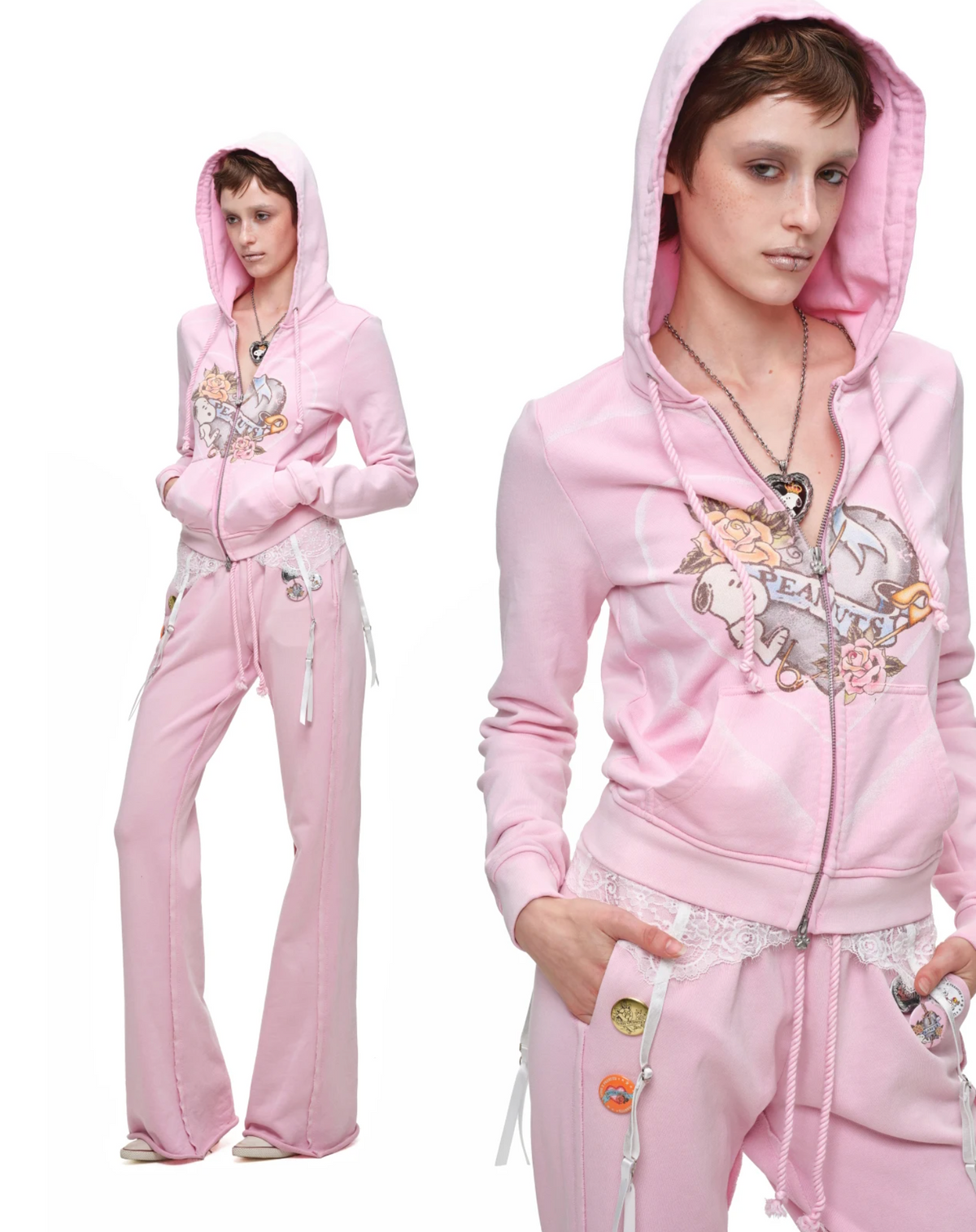 PEANUTS VINTAGE HEART GRAPHIC ZIP HOODIE & LOUNGE PANTS – PINK